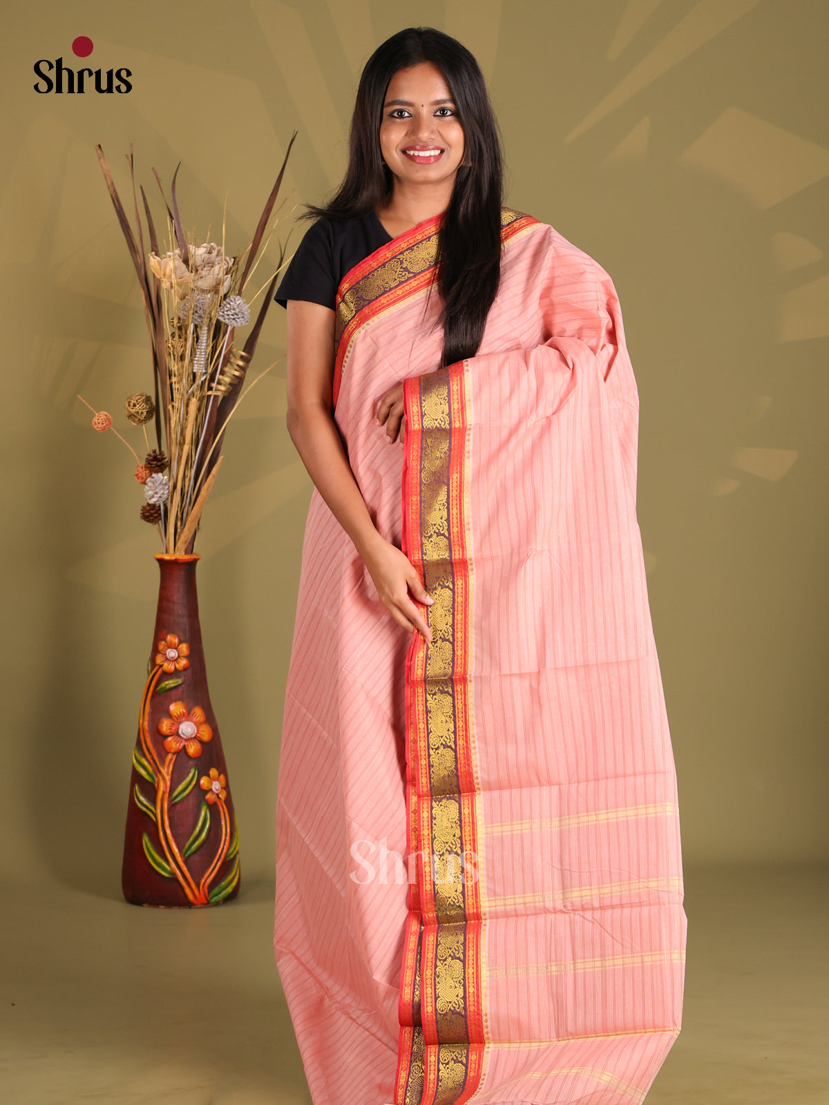 Pink & Red- South Cotton Saree - Shop on Shrus.com