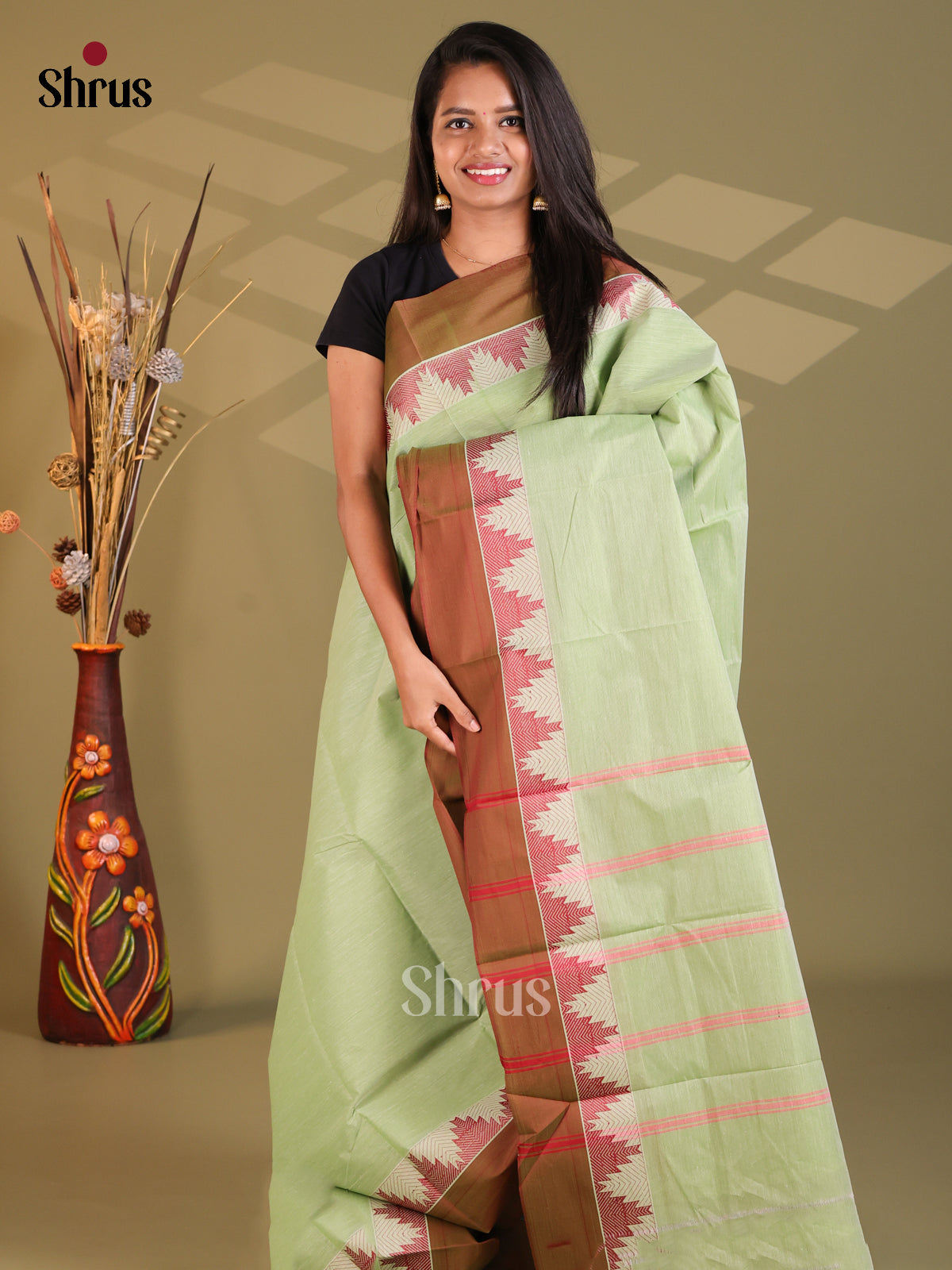 Pista Green & Brown- South Cotton Saree - Shop on Shrus.com