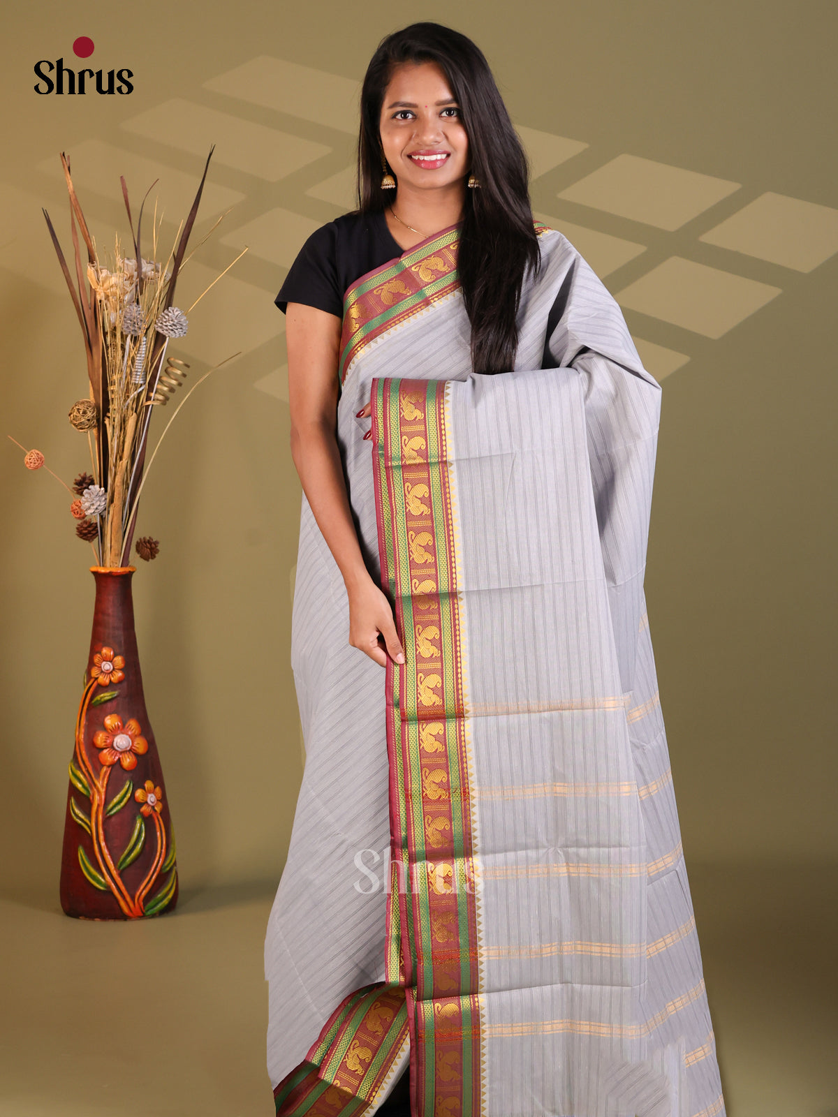Grey & Brown - South Cotton Saree - Shop on Shrus.com