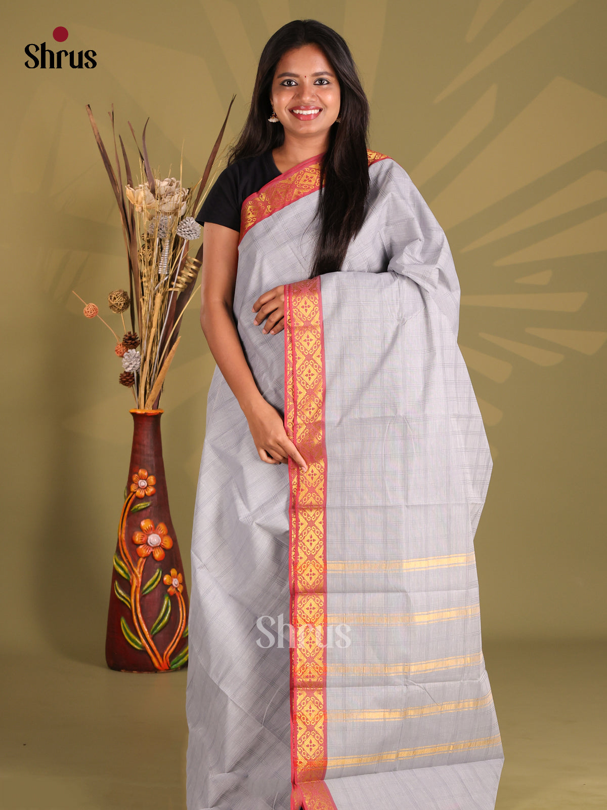 Grey & Red - South Cotton Saree - Shop on Shrus.com