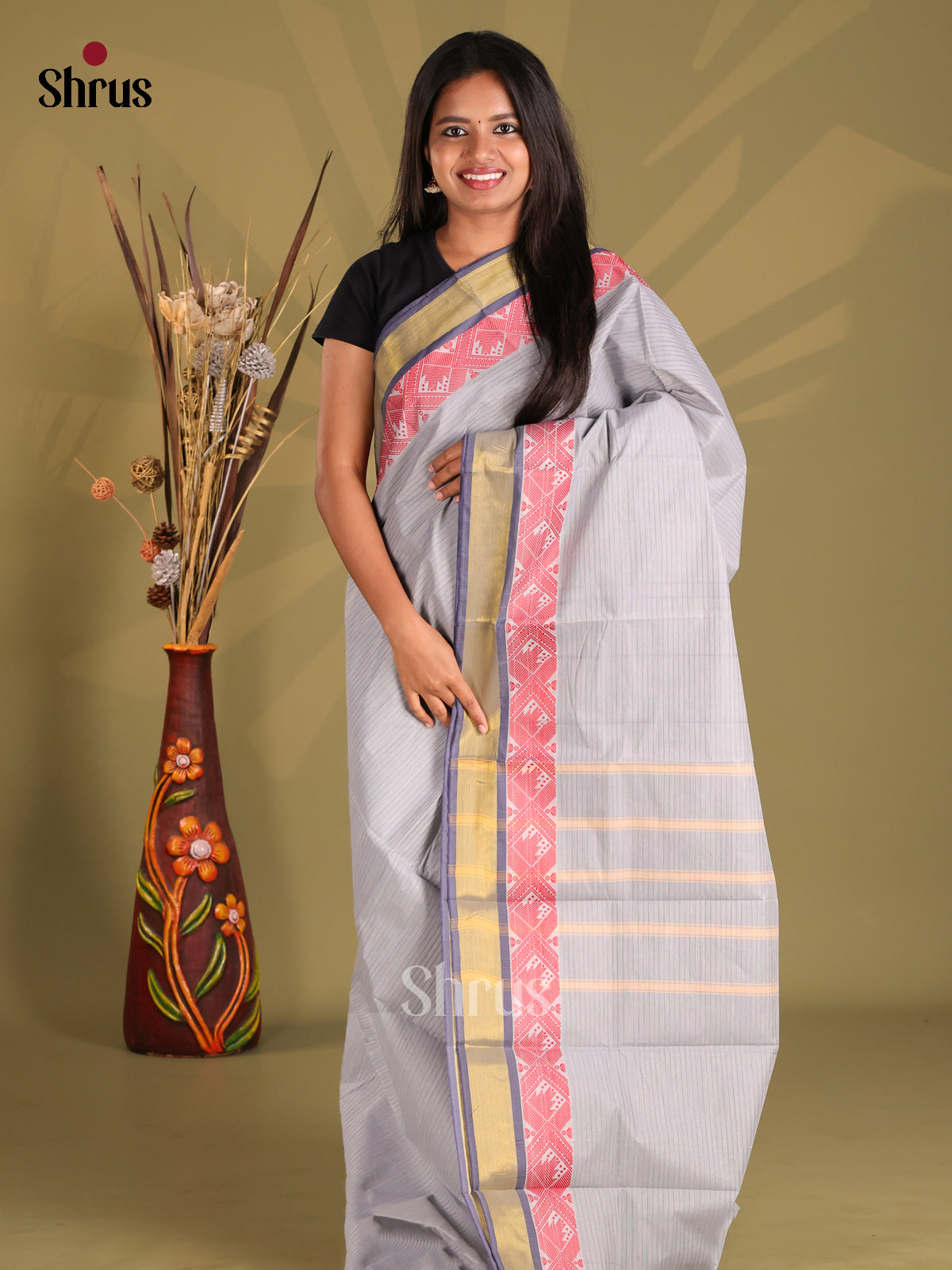 Grey & Purple - South Cotton Saree - Shop on Shrus.com