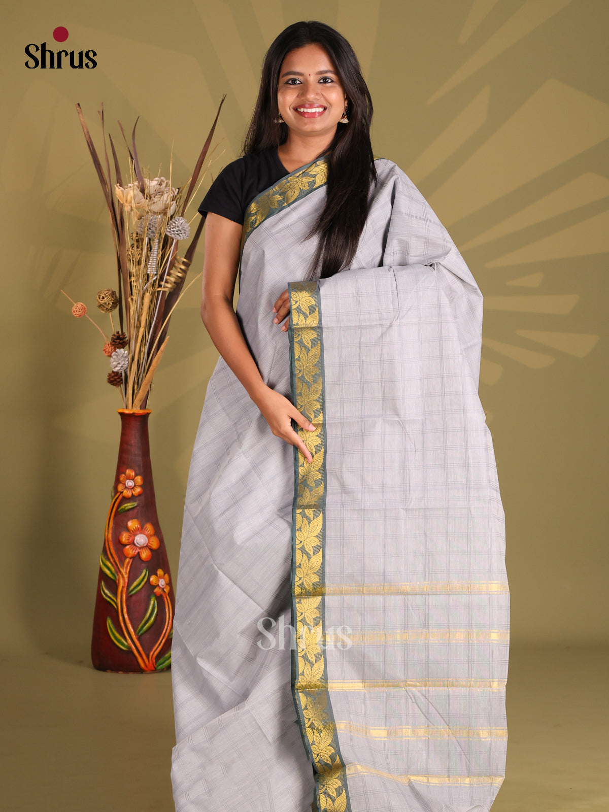 Grey - South Cotton Saree - Shop on Shrus.com