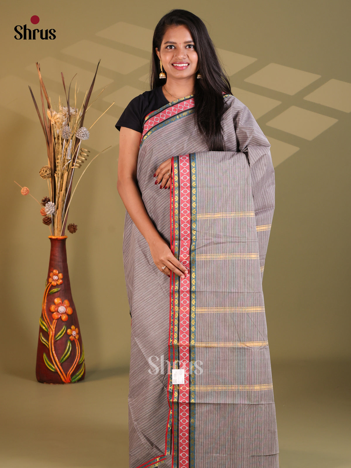 Grey & Red - South Cotton Saree - Shop on Shrus.com