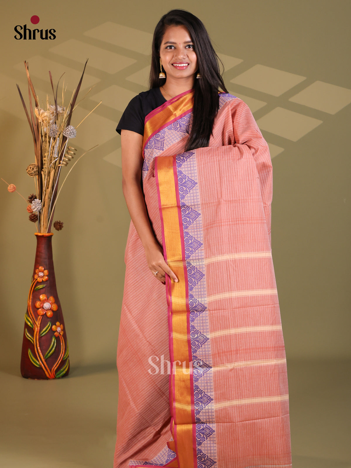 Peach & Pink - South Cotton Saree - Shop on Shrus.com