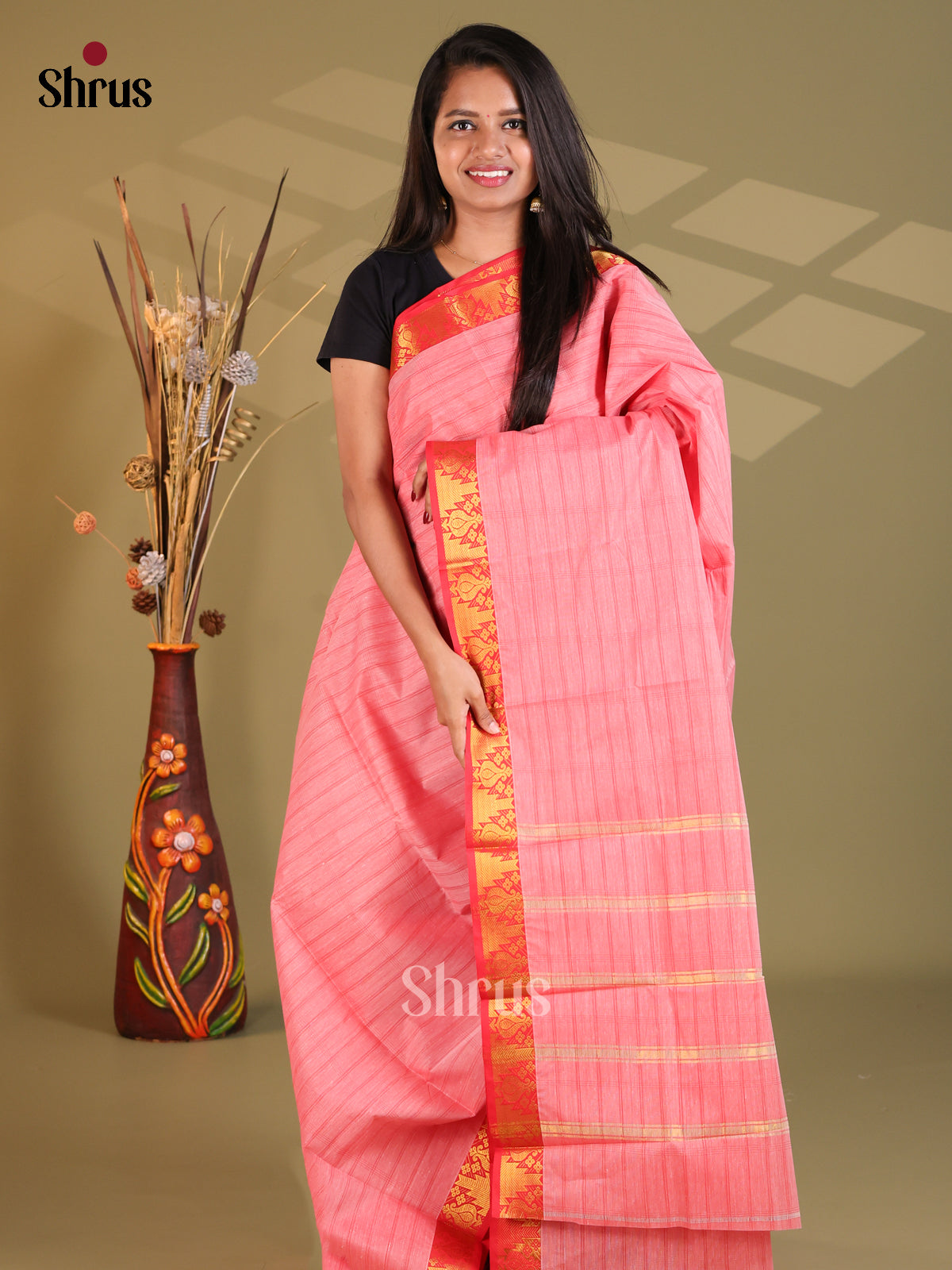 Pink & Red - South Cotton Saree - Shop on Shrus.com