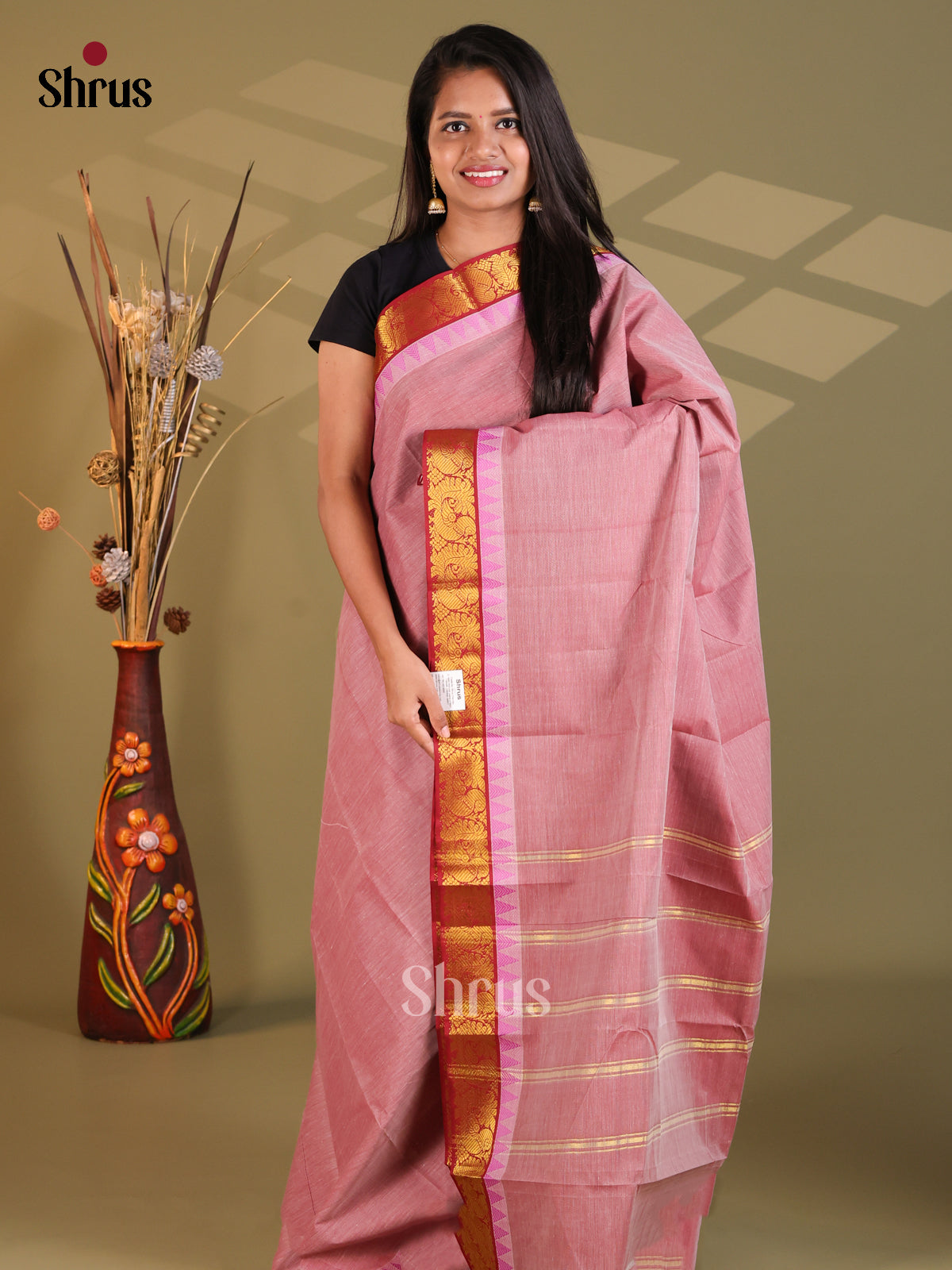 Pink & Red - South Cotton Saree - Shop on Shrus.com