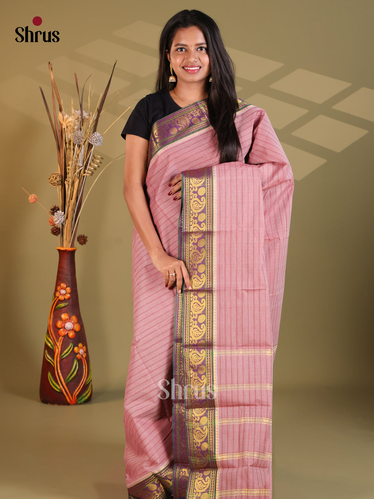 Dusty Pink & Violet - South Cotton Saree - Shop on Shrus.com
