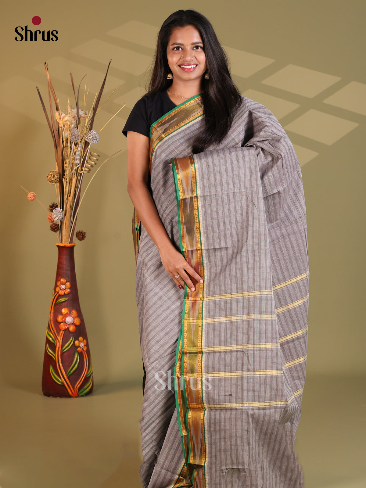 Grey & Green - South Cotton Saree