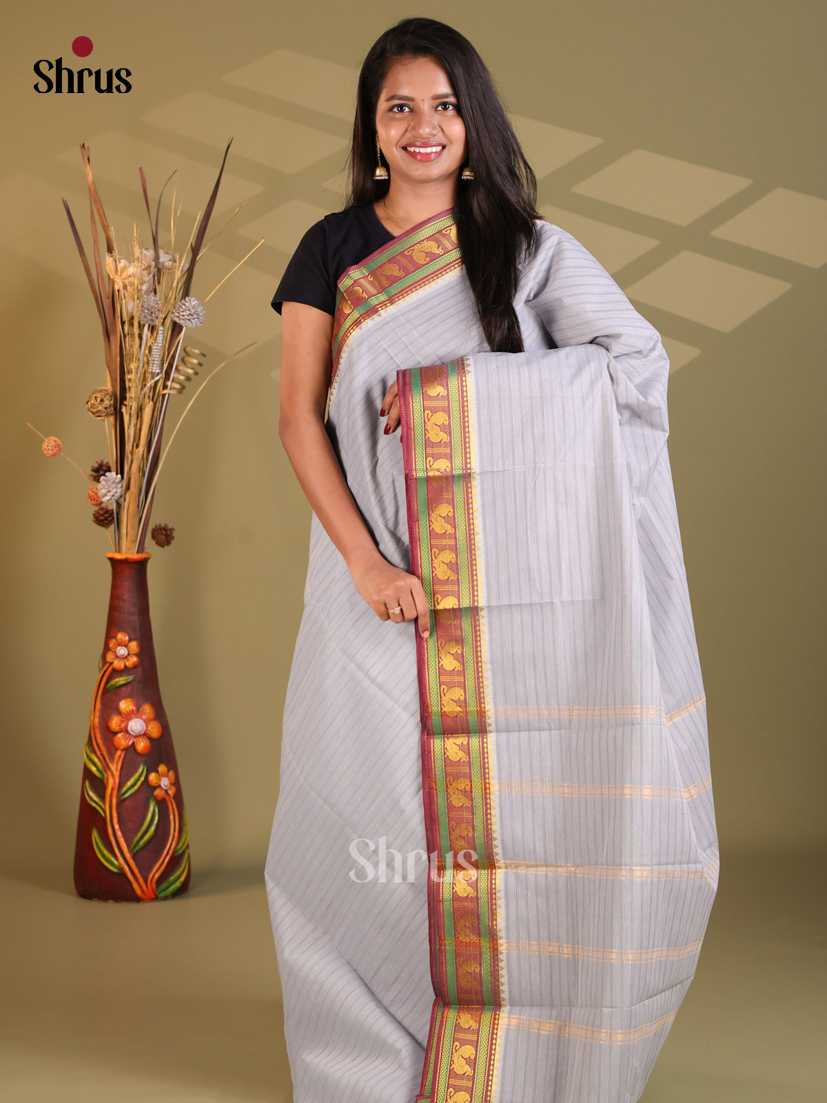 Grey - South Cotton Saree - Shop on Shrus.com