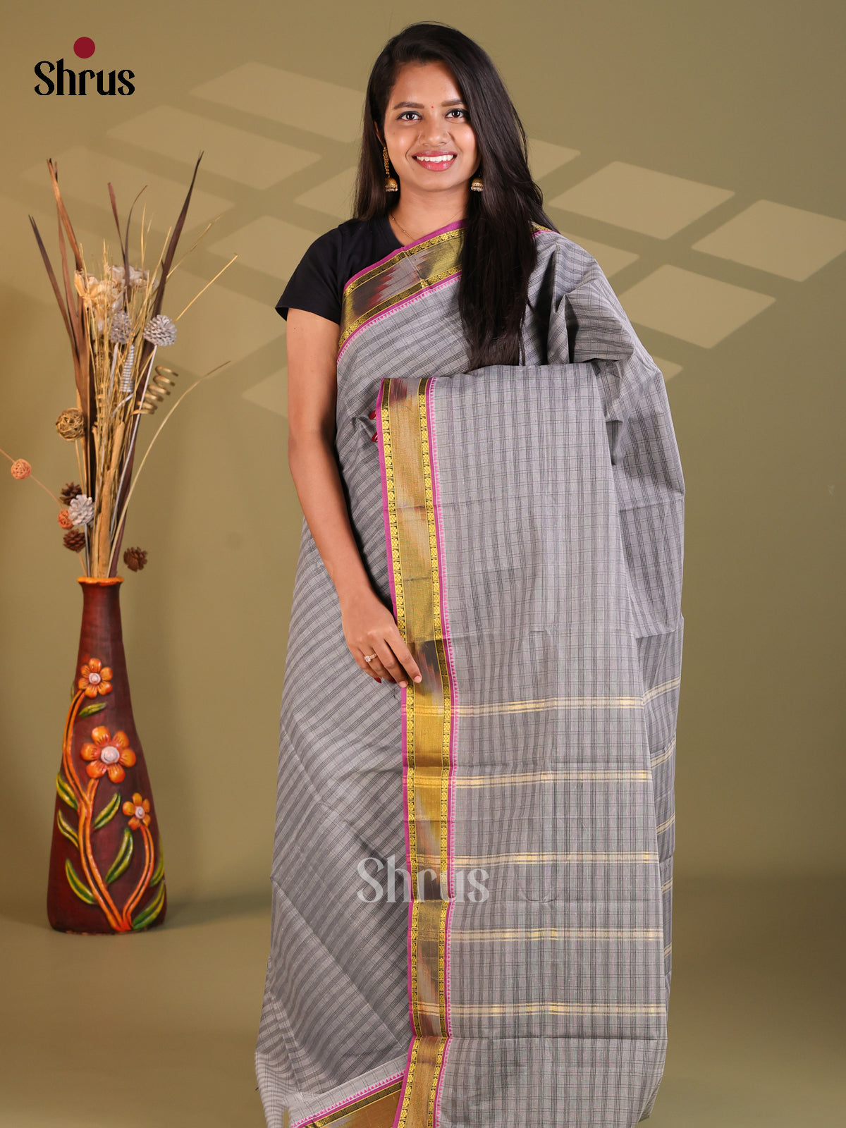 Grey & Pink - South Cotton Saree - Shop on Shrus.com