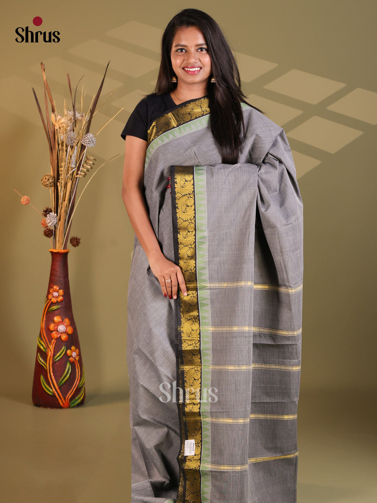 Grey & Black - South Cotton Saree - Shop on Shrus.com