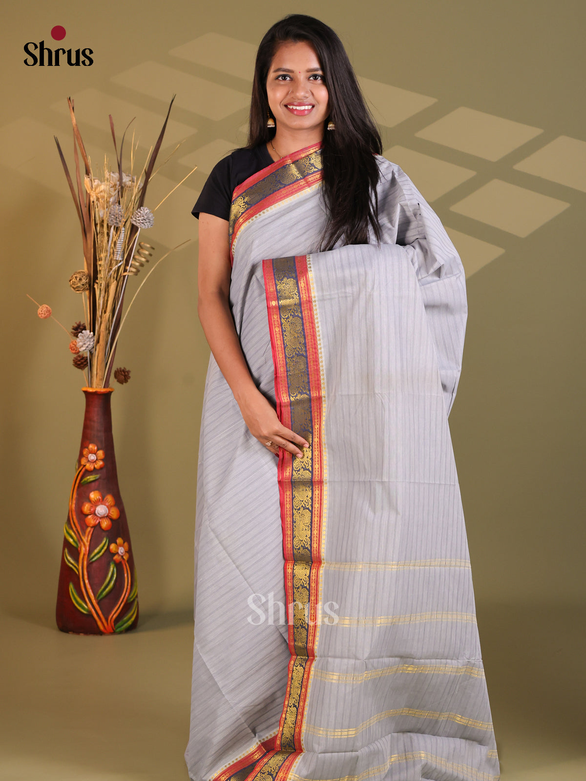 Grey & Pink - South Cotton Saree - Shop on Shrus.com