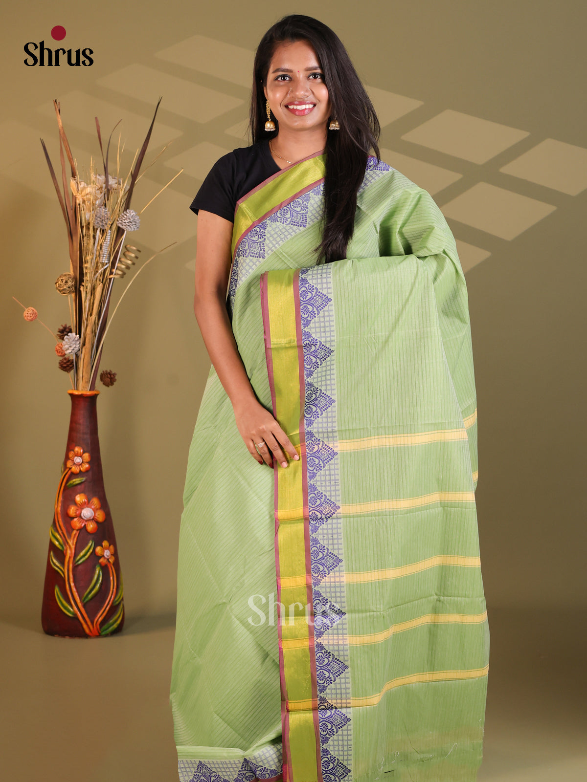 Pastel Green - South Cotton Saree - Shop on Shrus.com