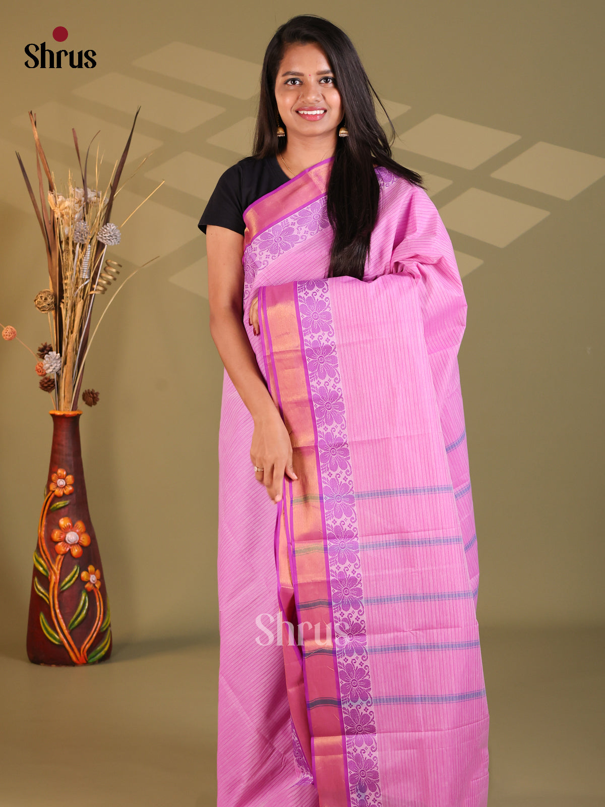 Pink & Purple - South Cotton Saree - Shop on Shrus.com
