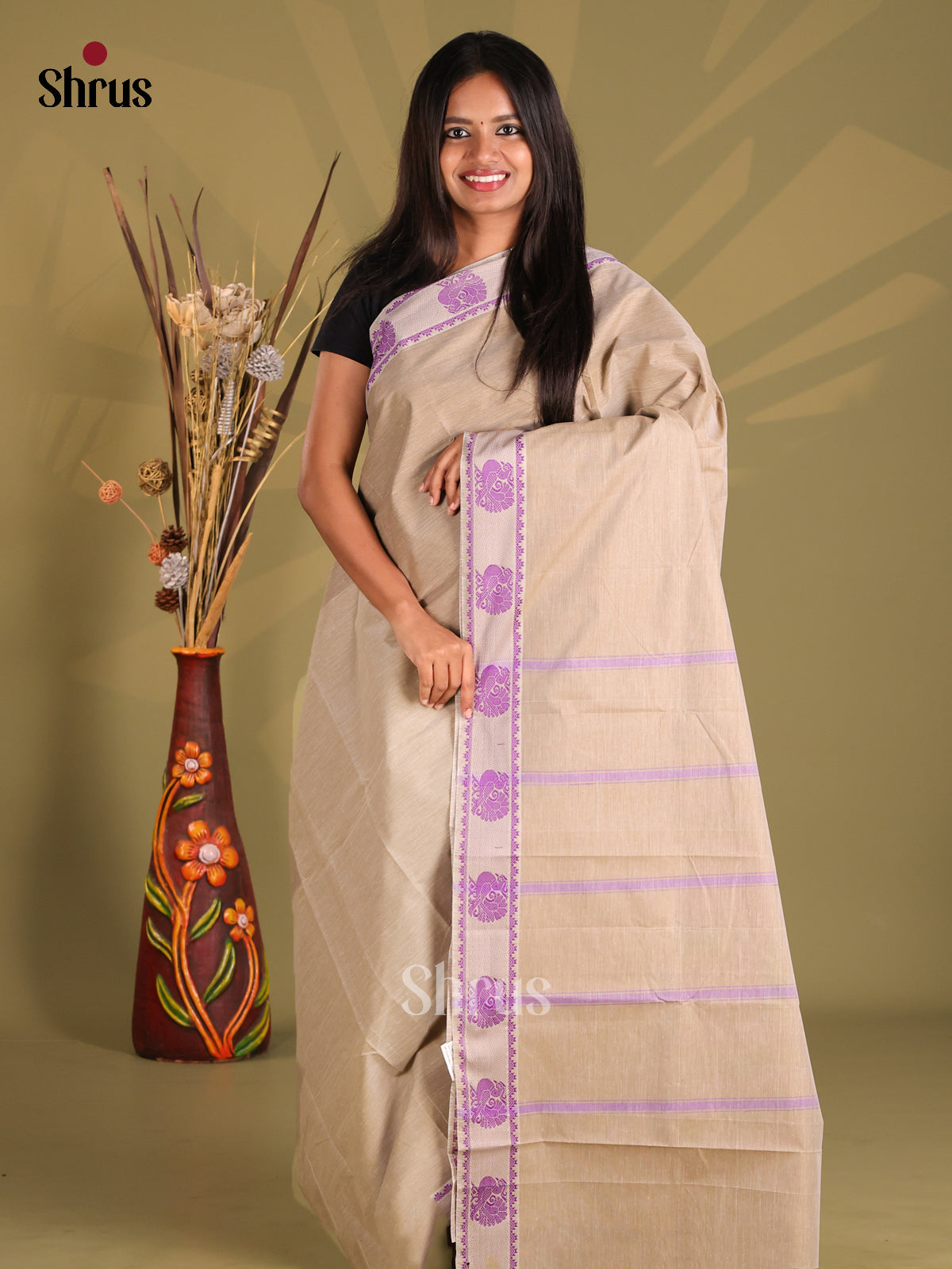 Grey & Purple - South Cotton Saree - Shop on Shrus.com