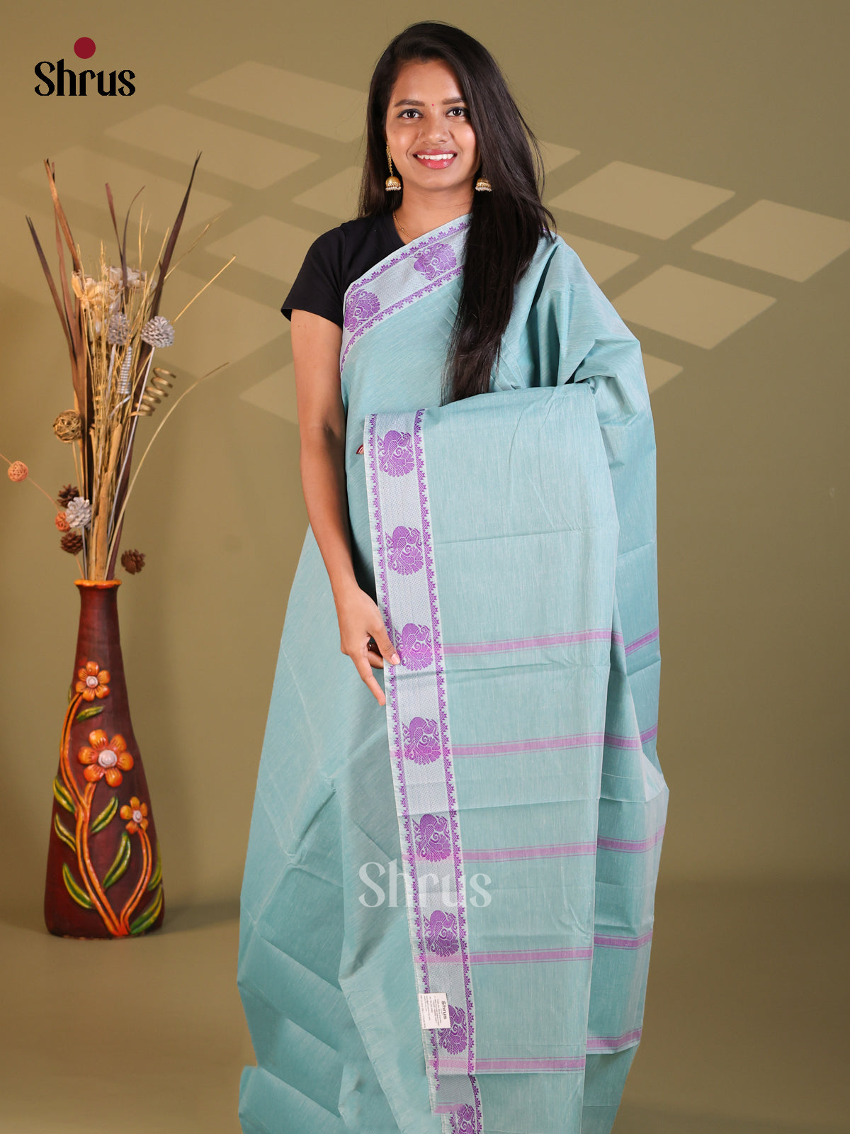 Pastel Blue- South Cotton Saree - Shop on Shrus.com