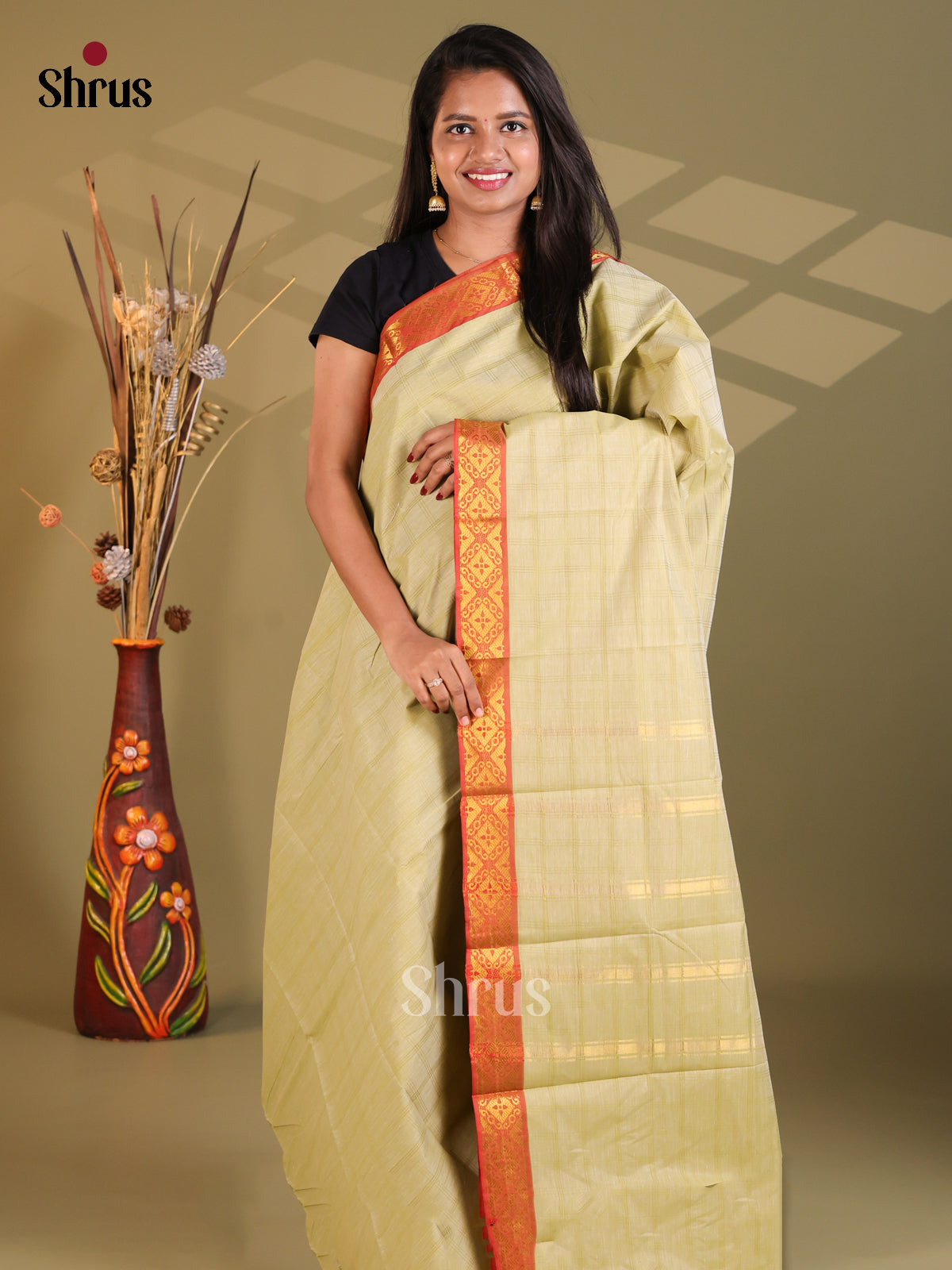 Pista Green & Red- South Cotton Saree - Shop on Shrus.com