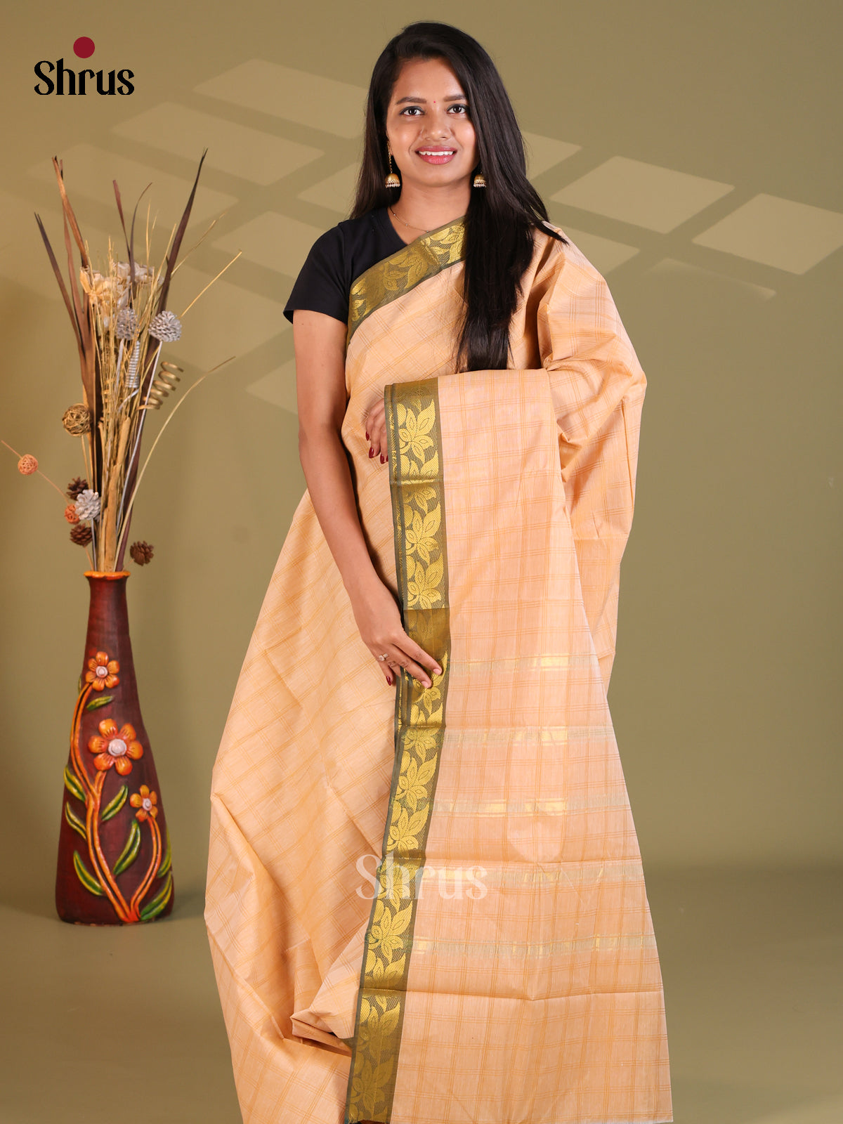 Peach & Green - South Cotton Saree - Shop on Shrus.com