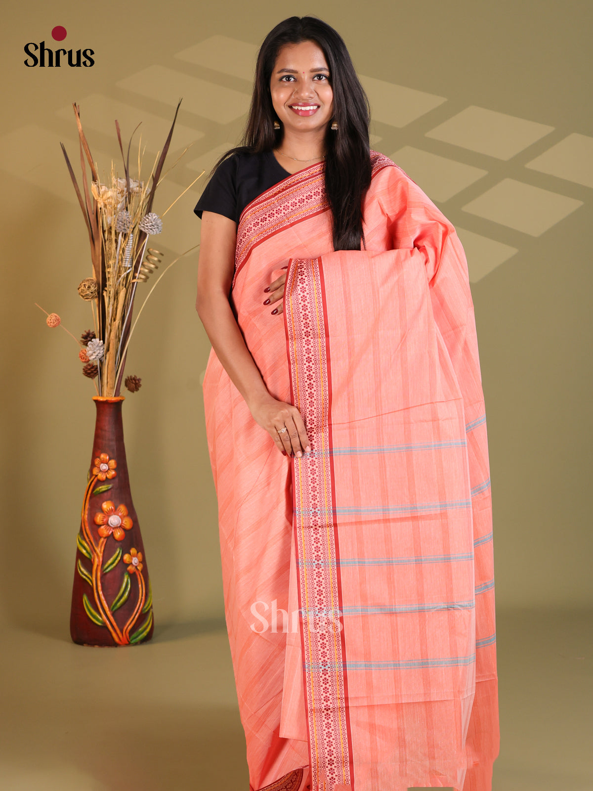 Pastel Peach & Red- South Cotton Saree - Shop on Shrus.com