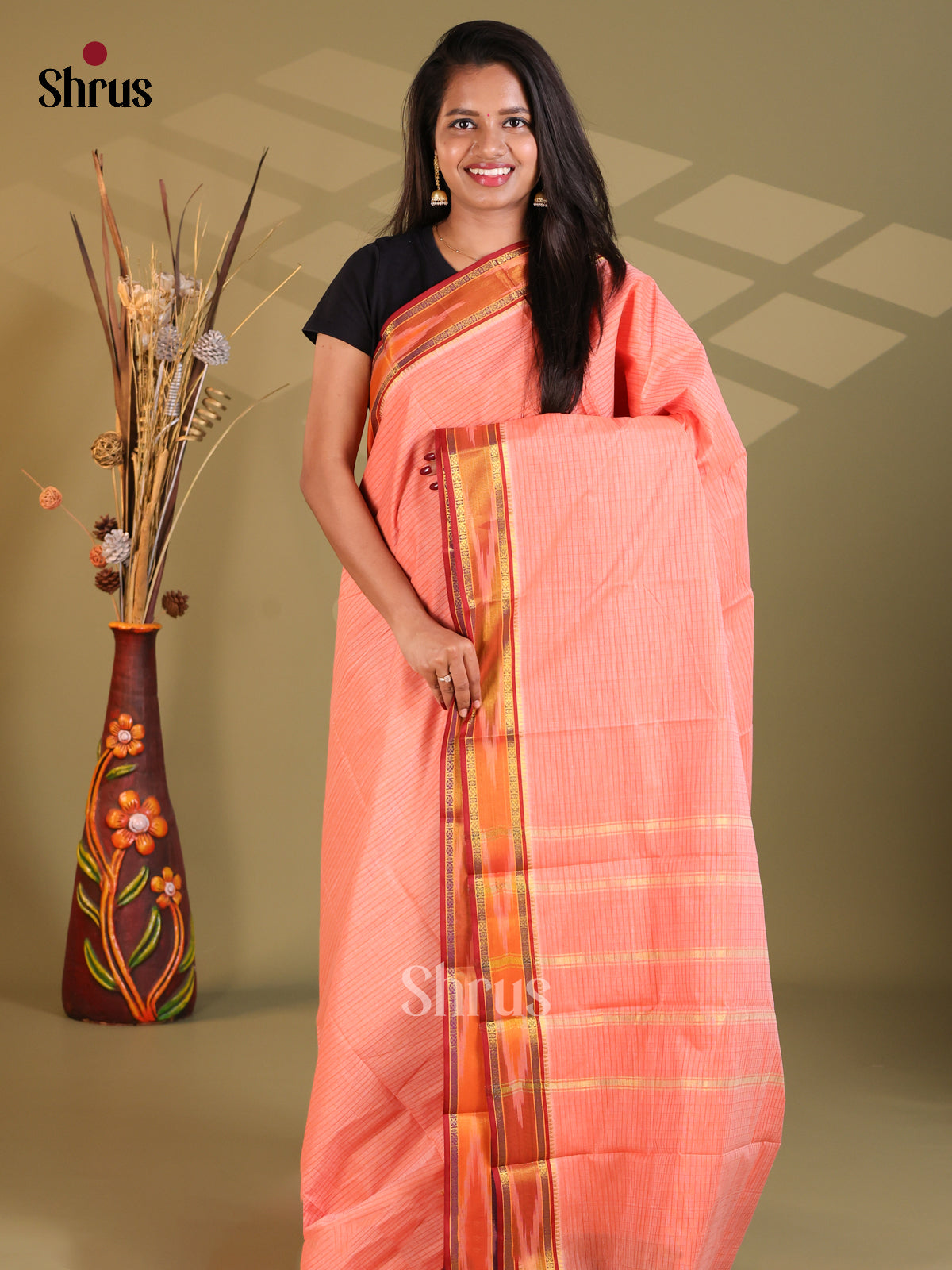 Peach & Red - South Cotton Saree