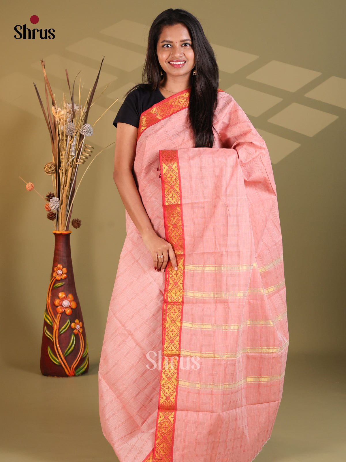 Pastel Pink & Red - South Cotton Saree