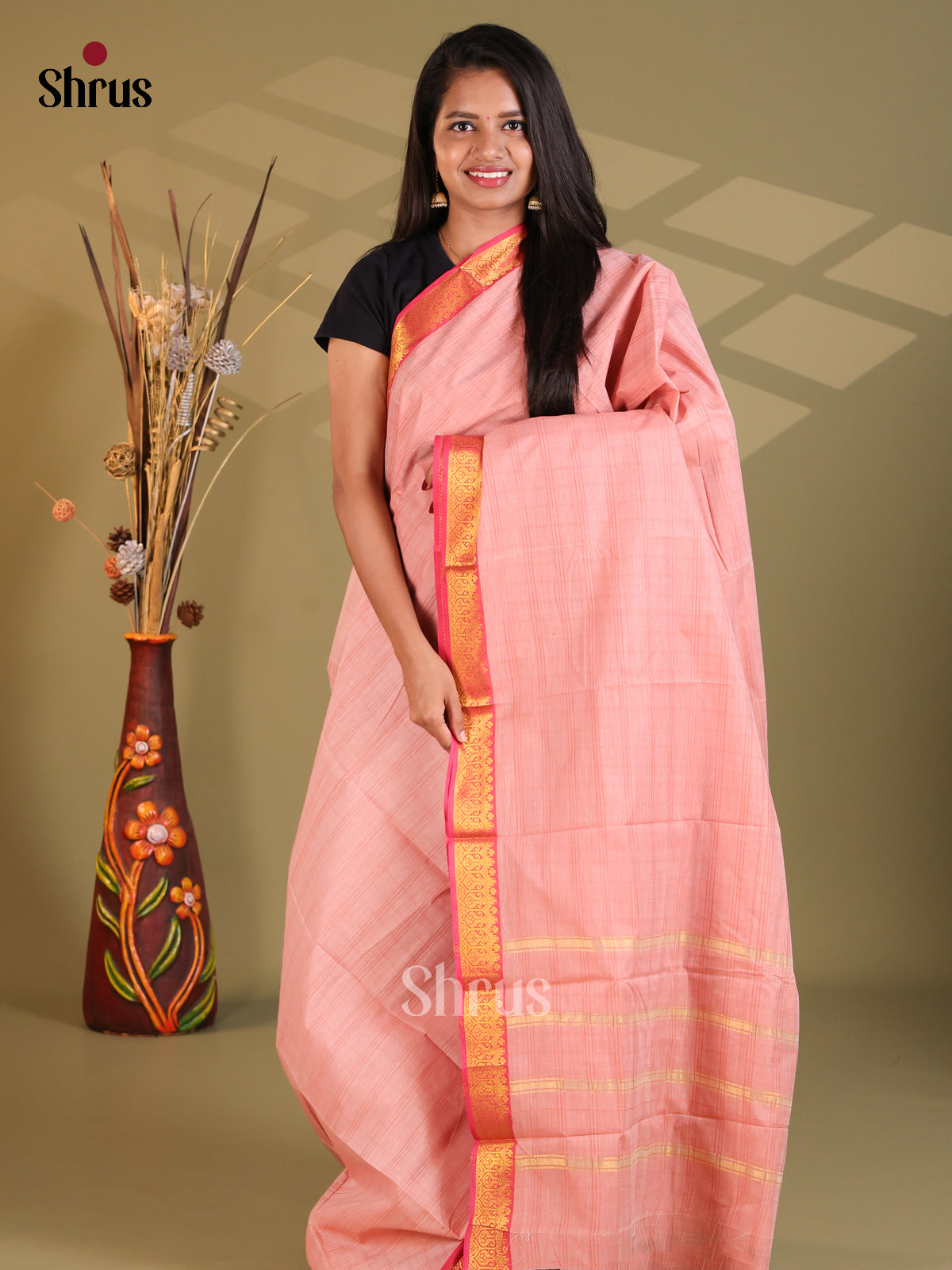 Pastel Pink & pink- South Cotton Saree