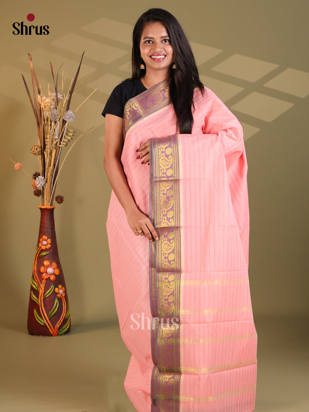 Pastel Pink & Purple - South Cotton Saree - Shop on Shrus.com
