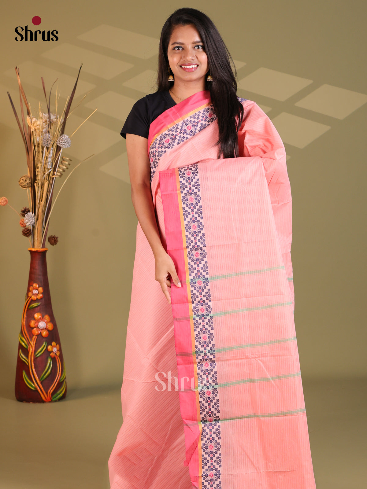 Pastel Pink & Pink- South Cotton Saree - Shop on Shrus.com