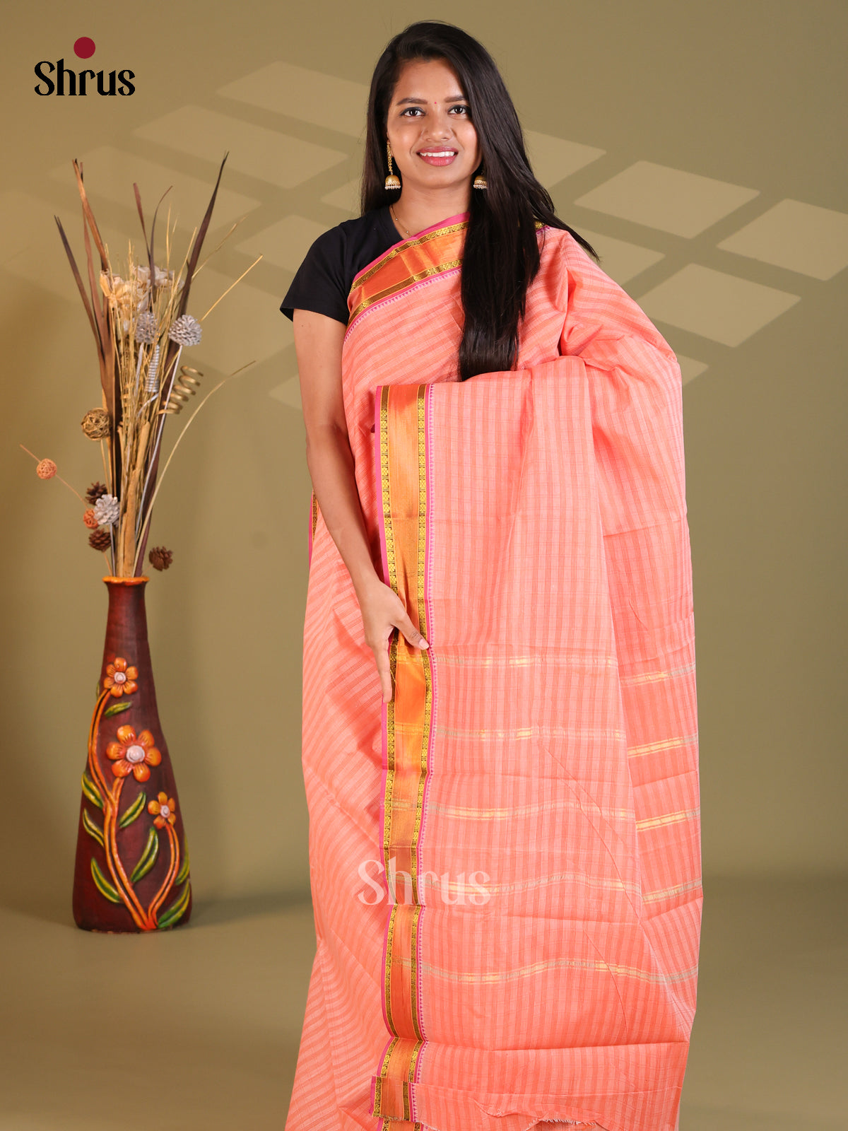Pastel Peach & Pink- South Cotton Saree - Shop on Shrus.com