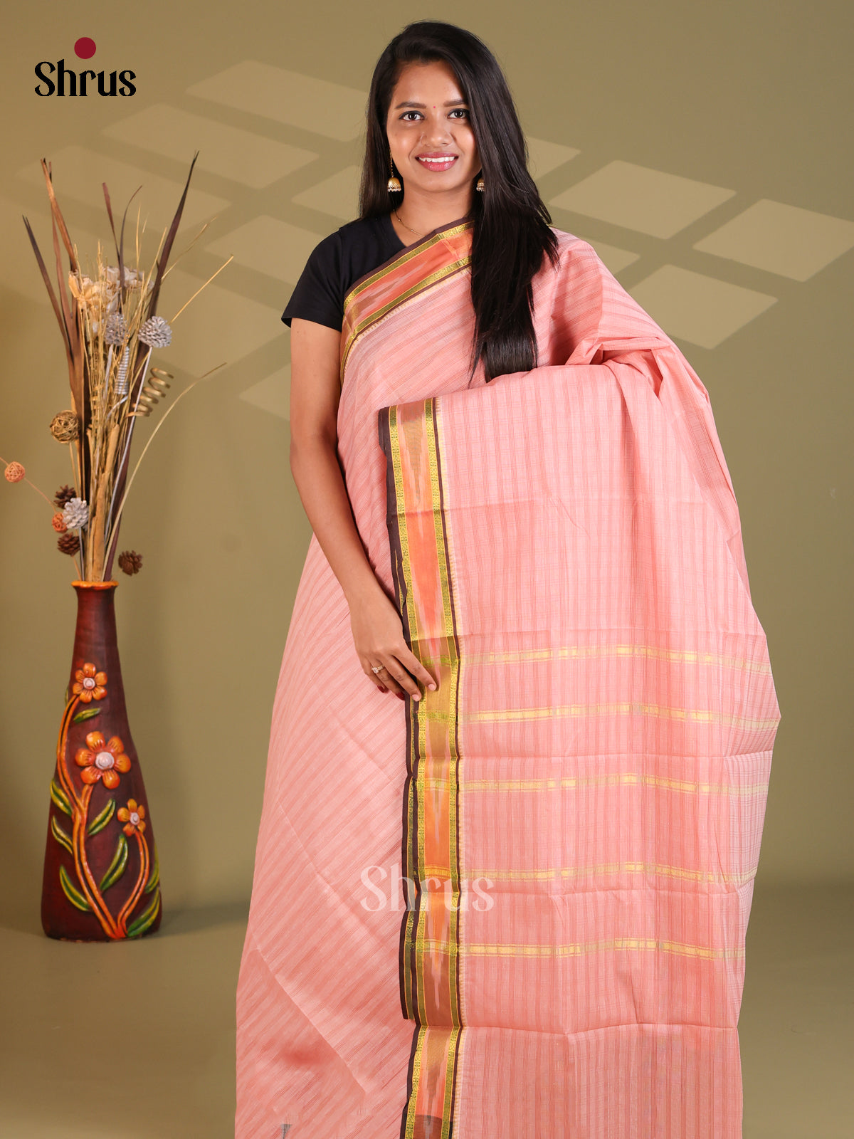 Pastel Pink & Brown - South Cotton Saree