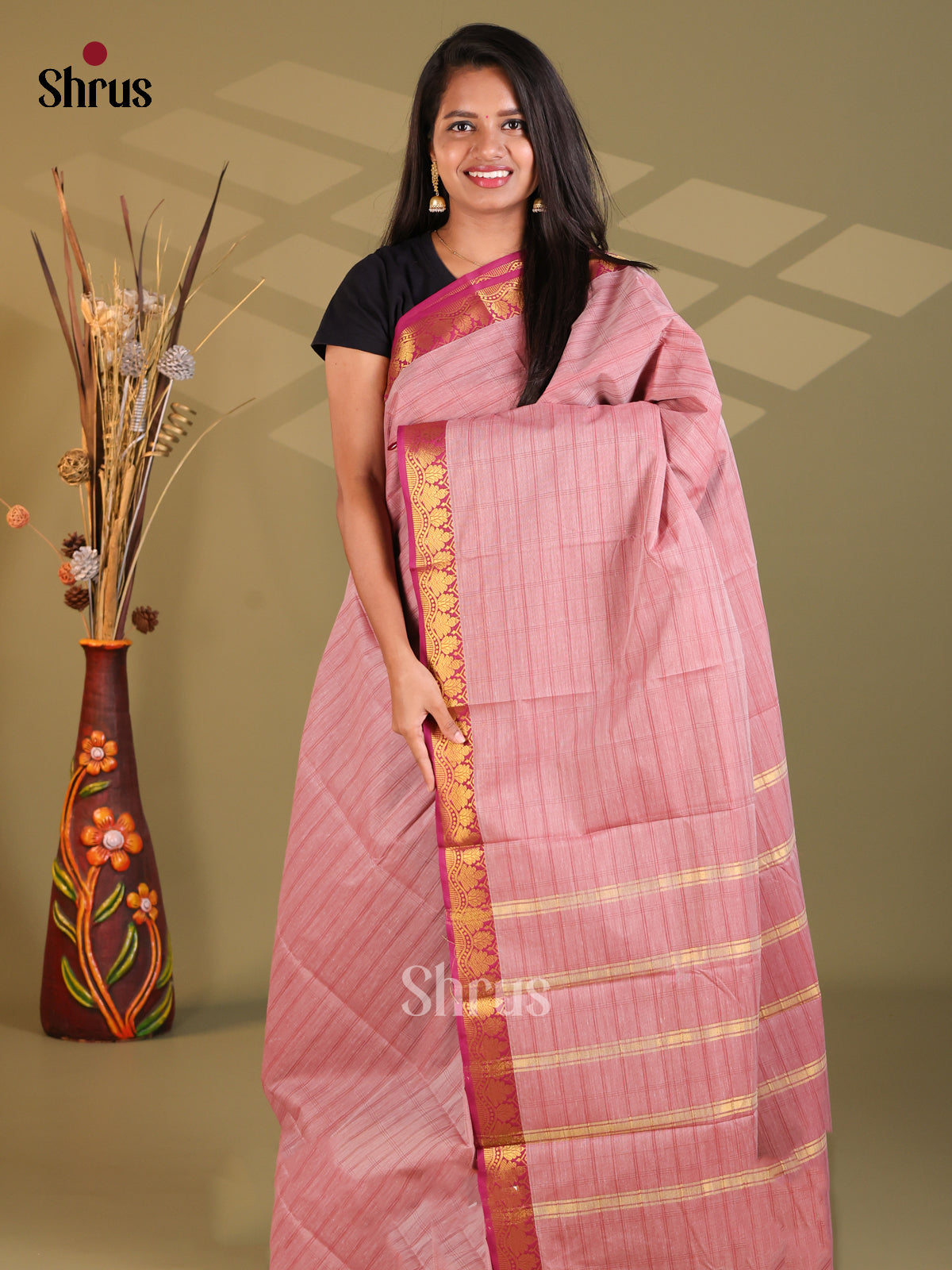 Dusty Pink & Pink - South Cotton Saree - Shop on Shrus.com