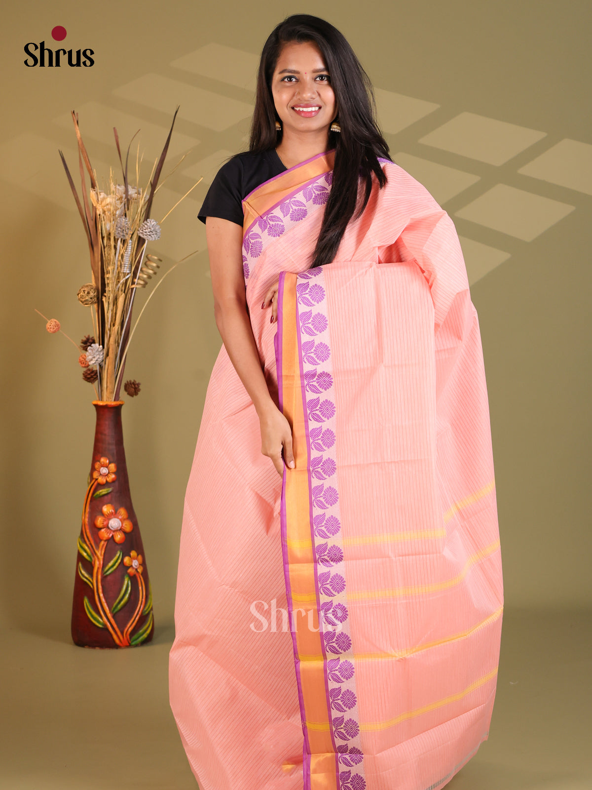 Pastel Pink & Purple- South Cotton Saree - Shop on Shrus.com