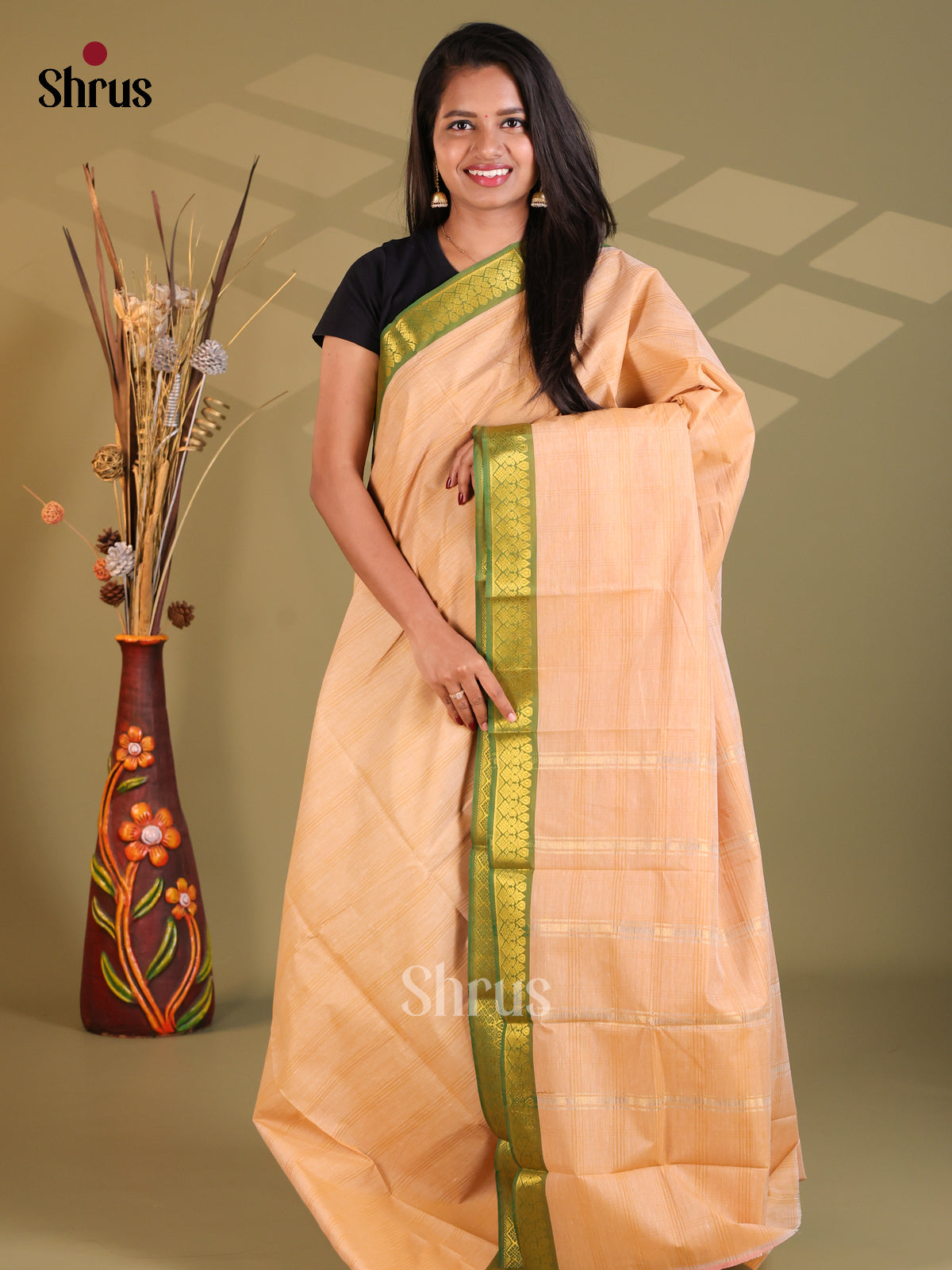 Peach & Green - South Cotton Saree - Shop on Shrus.com