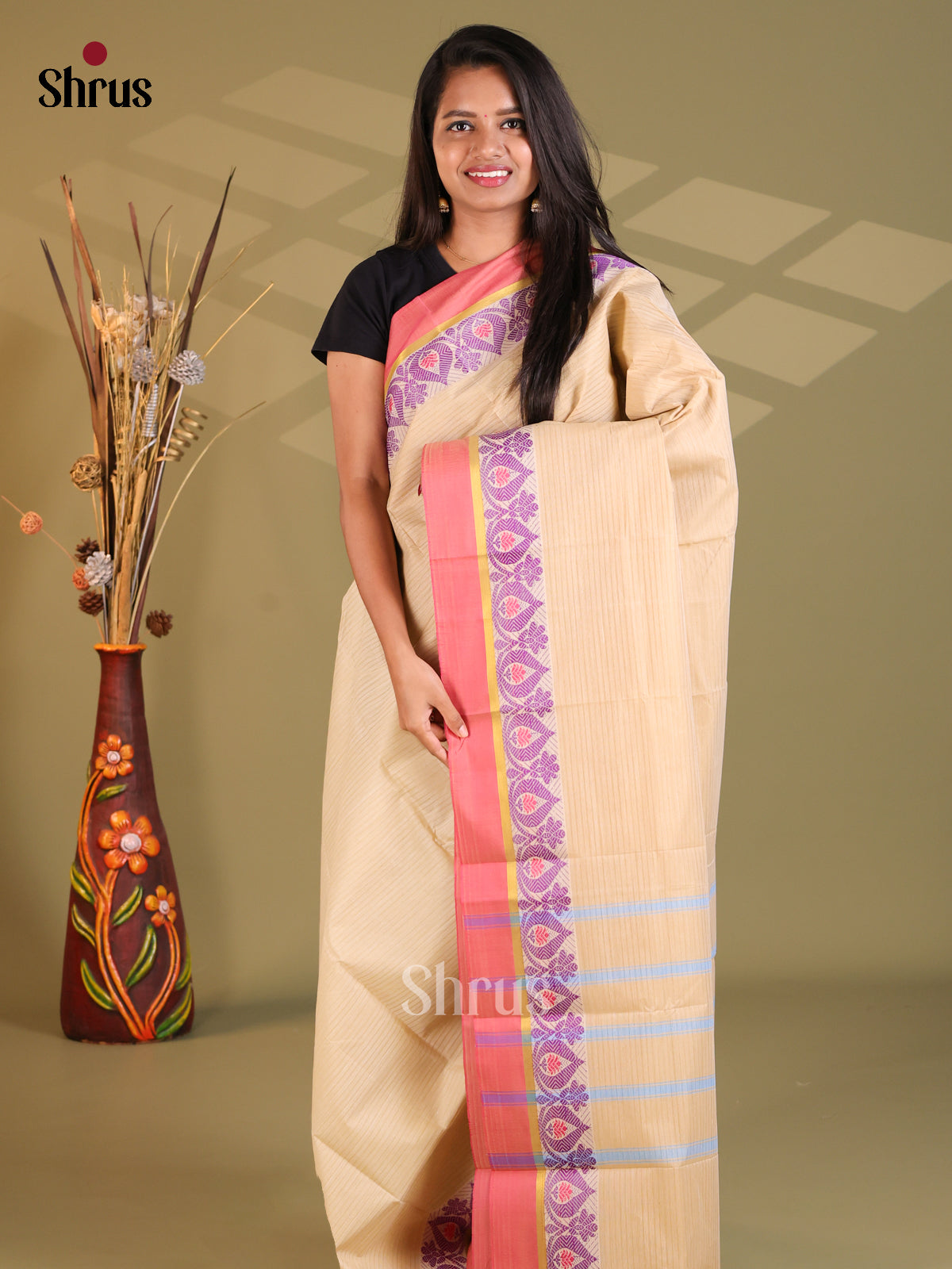 Pastel Yellow & Orange - South Cotton Saree - Shop on Shrus.com