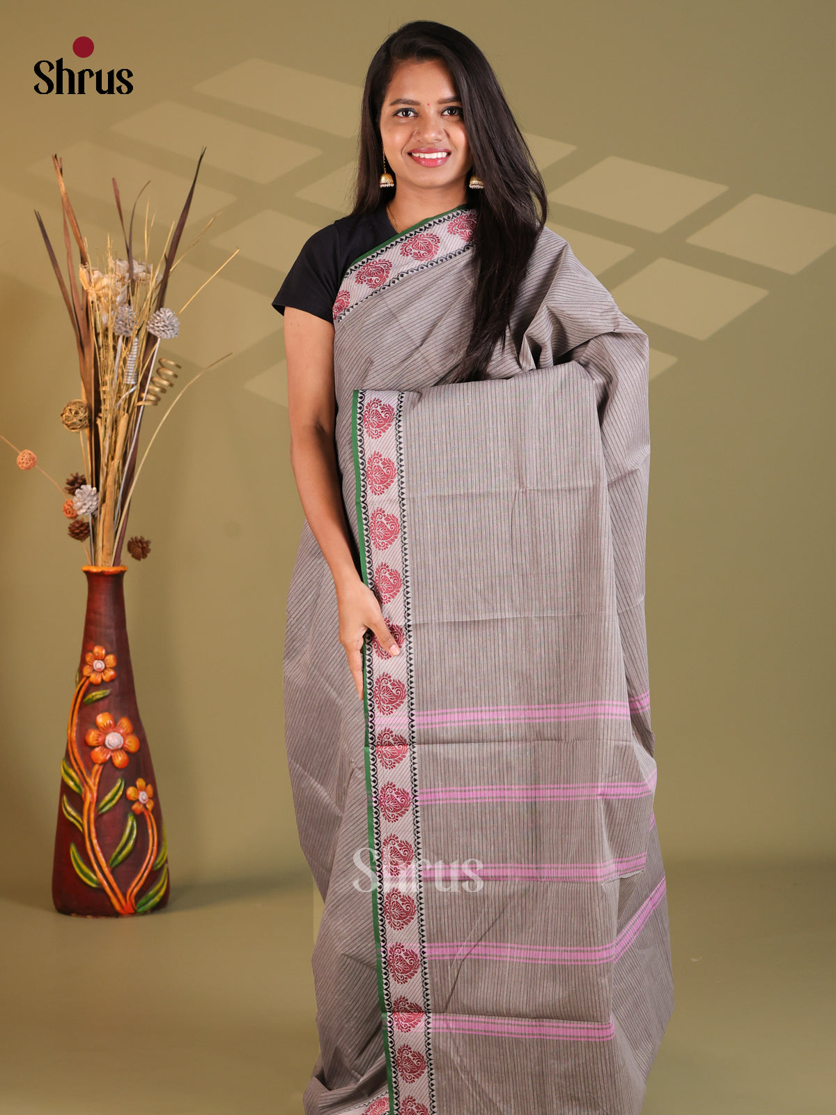 Grey & Green- South Cotton Saree - Shop on Shrus.com