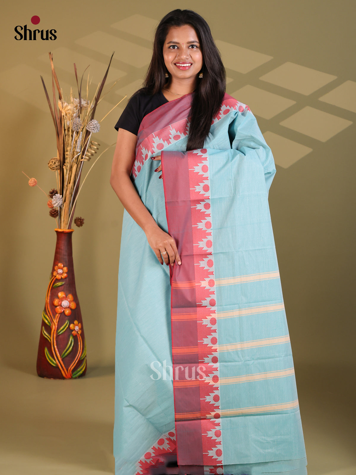 Light Blue & Maroon - South Cotton Saree - Shop on Shrus.com