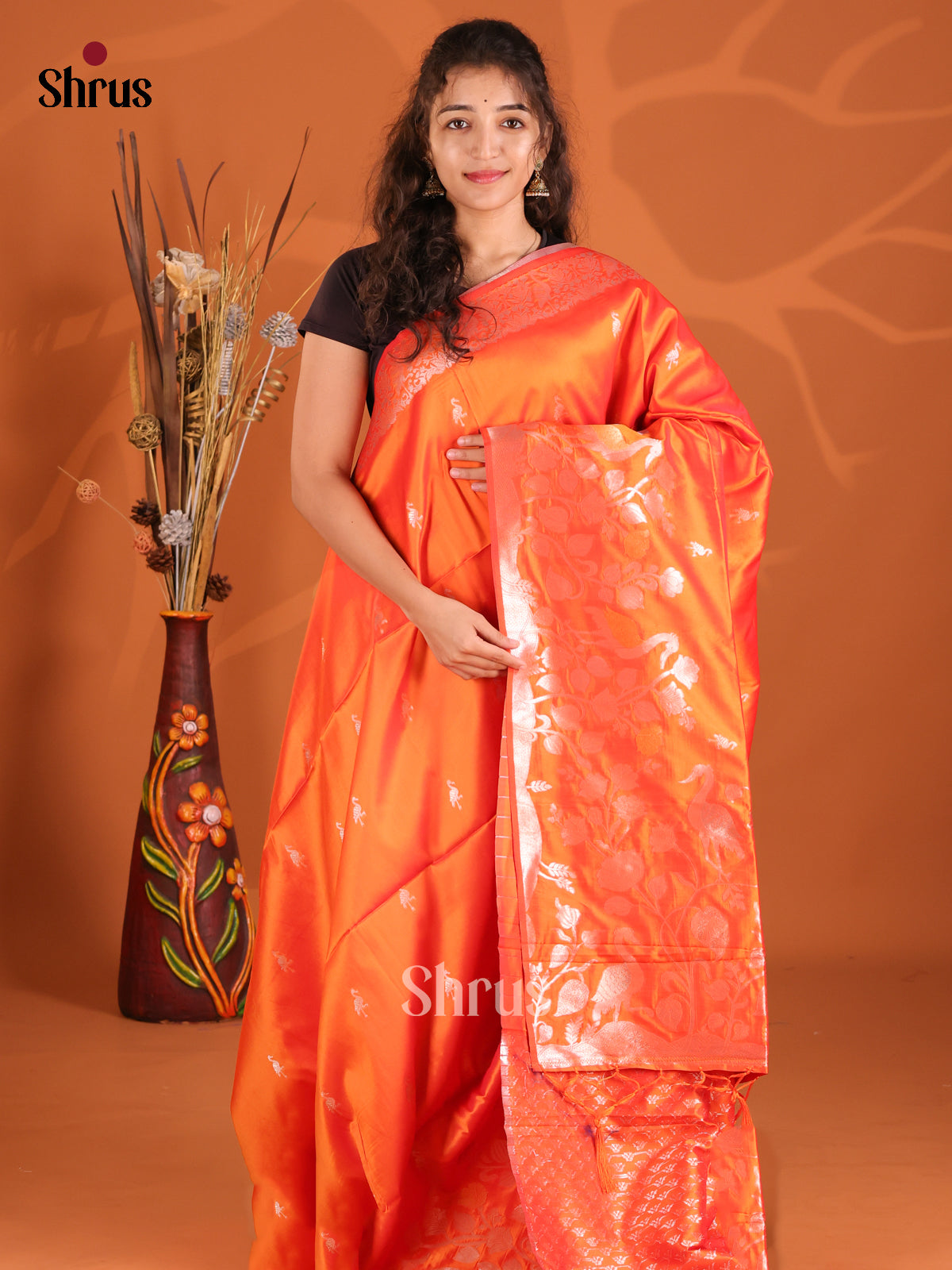 Orange - Semi Softsilk Saree - Shop on Shrus.com