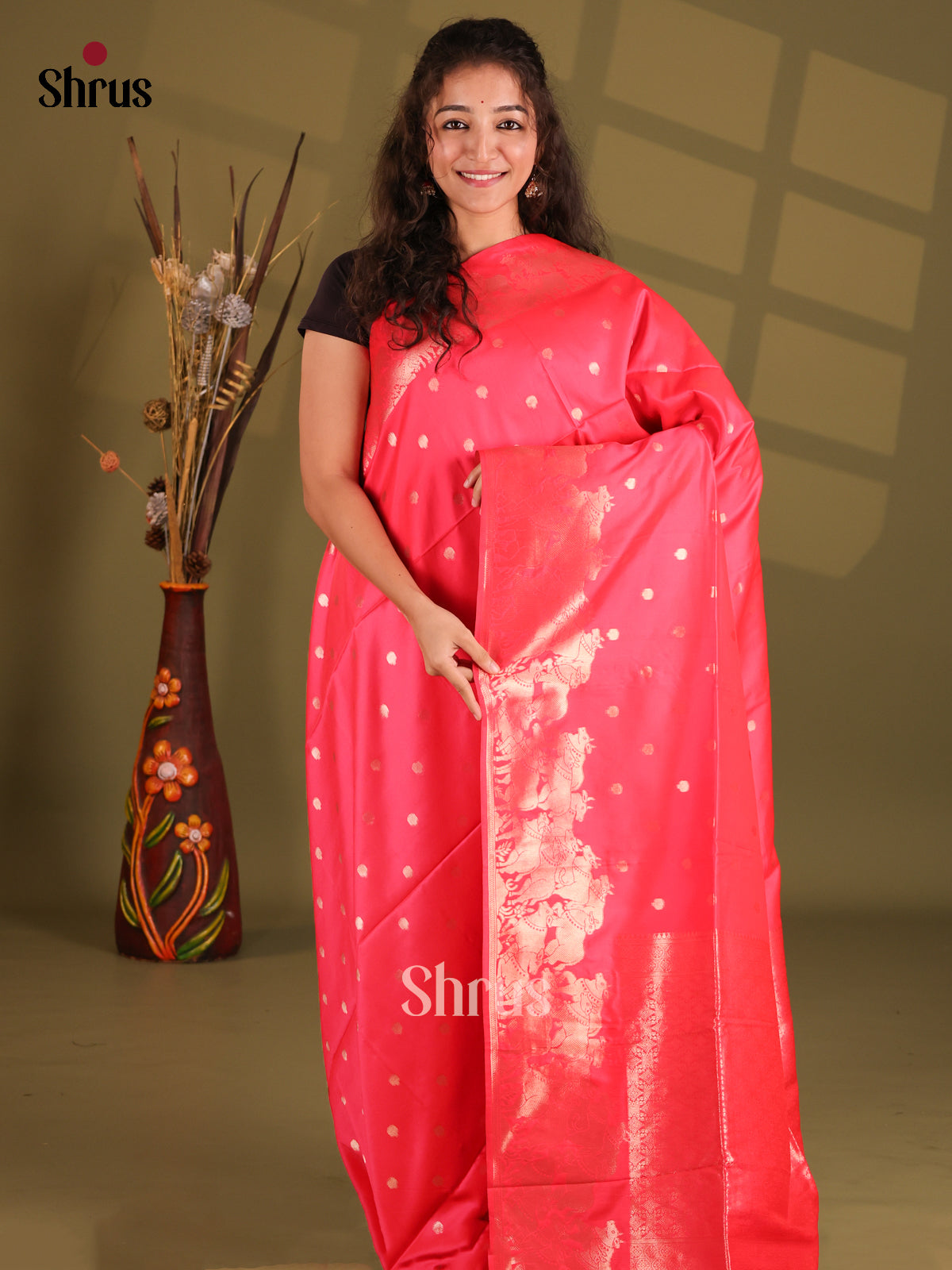 Pink - Semi Softsilk Saree - Shop on Shrus.com