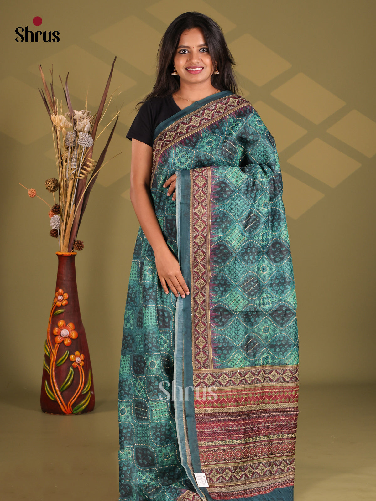 Blue & Green - Semi Kantha Saree