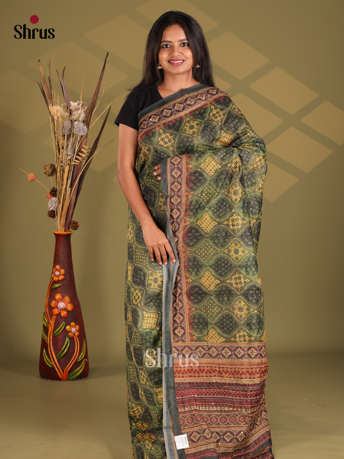 Green & Brown - Semi Kantha Saree - Shop on Shrus.com