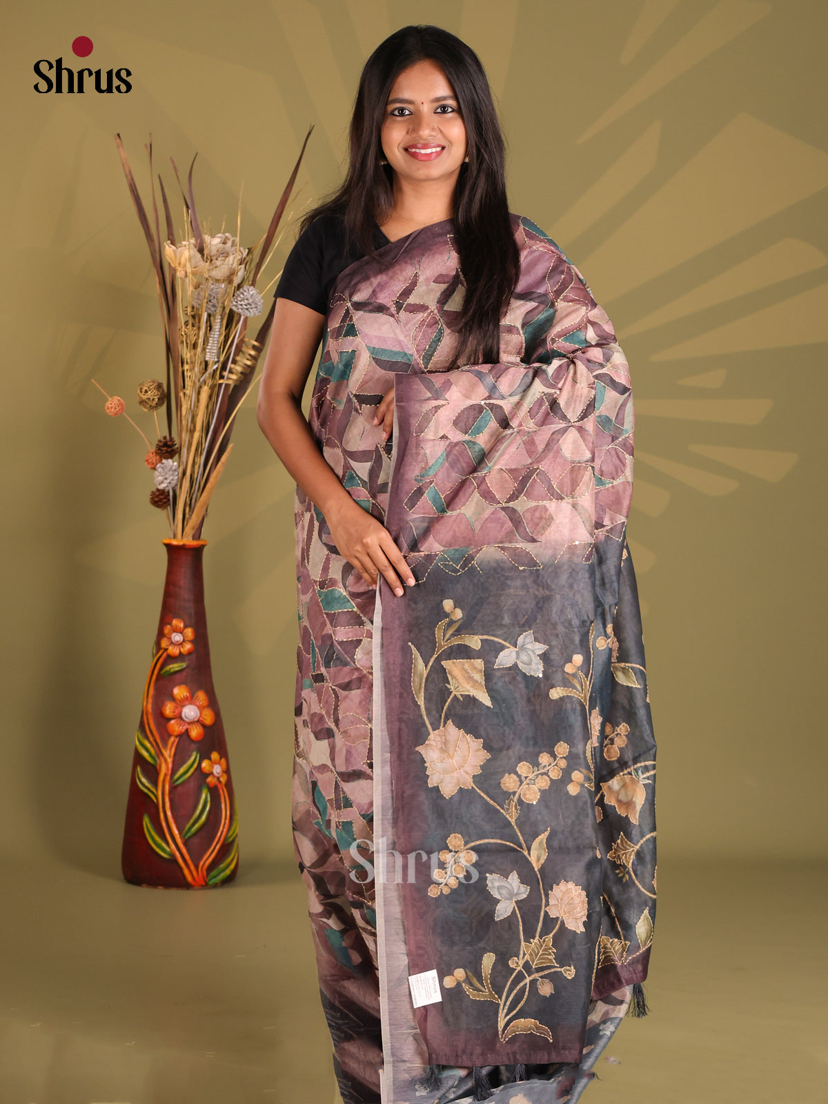 Purple & Black - Semi Kantha Saree