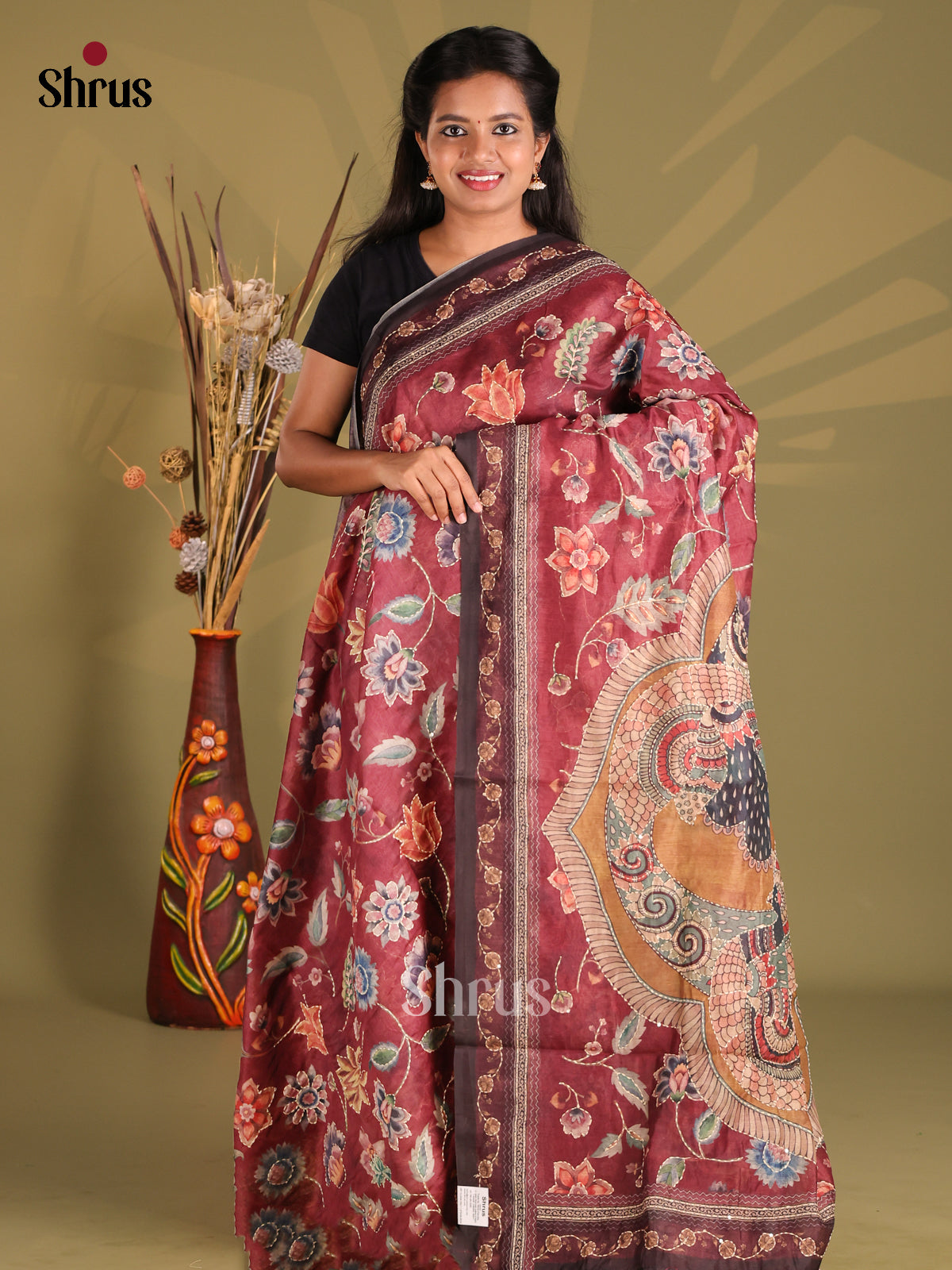Maroon- Semi Kantha Saree - Shop on Shrus.com