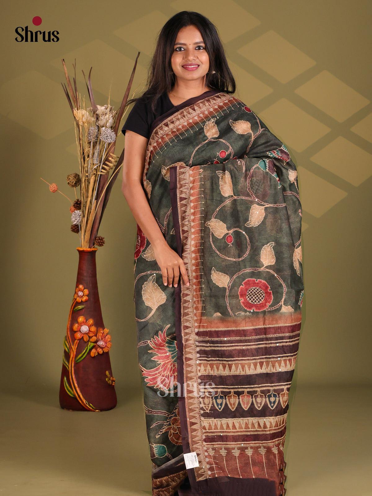 Green & Brown- Semi Kantha Saree - Shop on Shrus.com