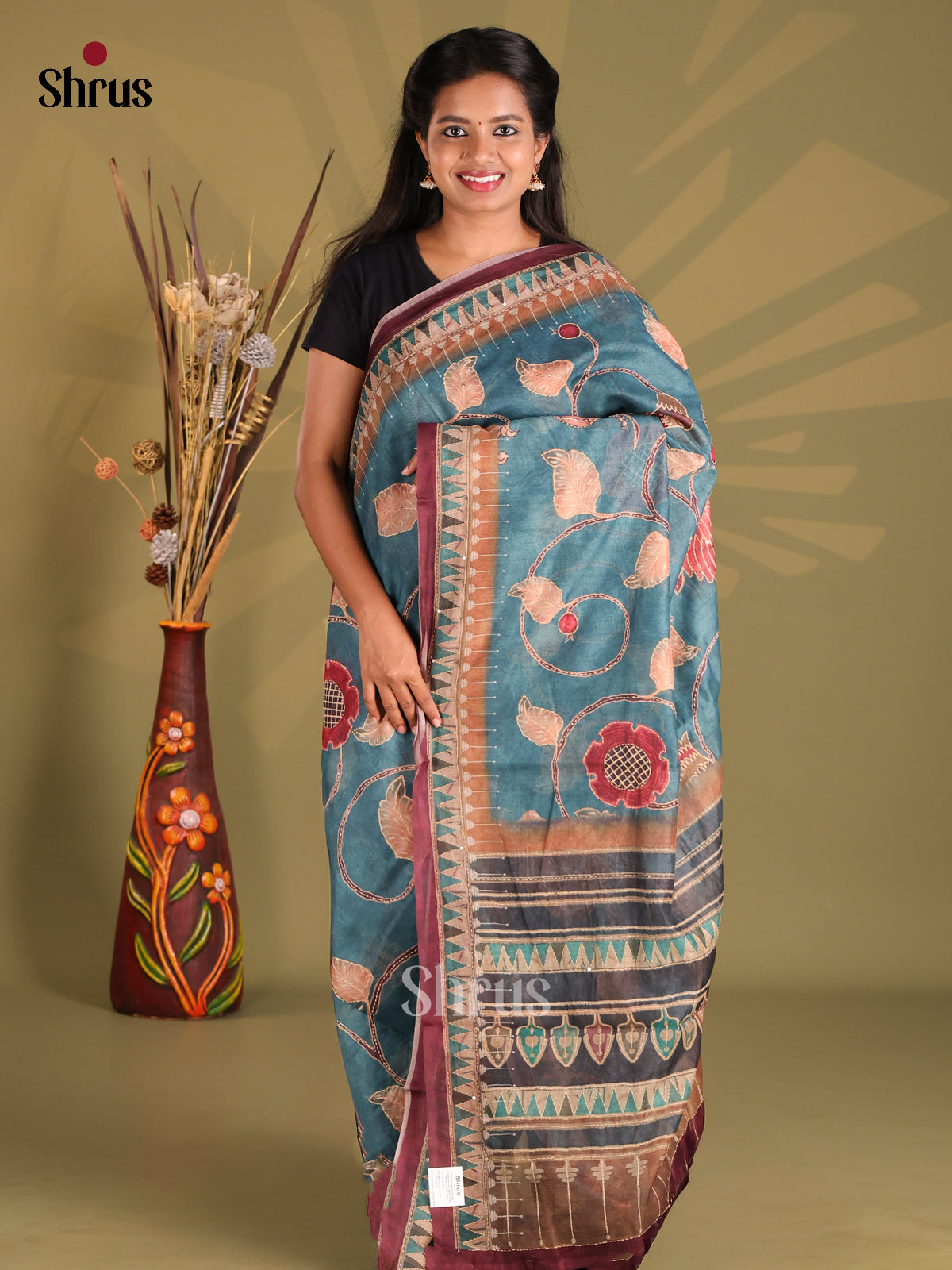 Blue & Maroon - Semi Kantha Saree