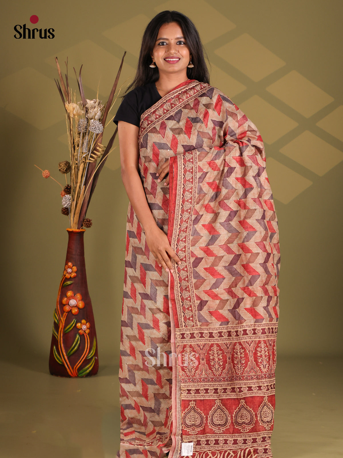 Brown & Red - Semi Kantha Saree