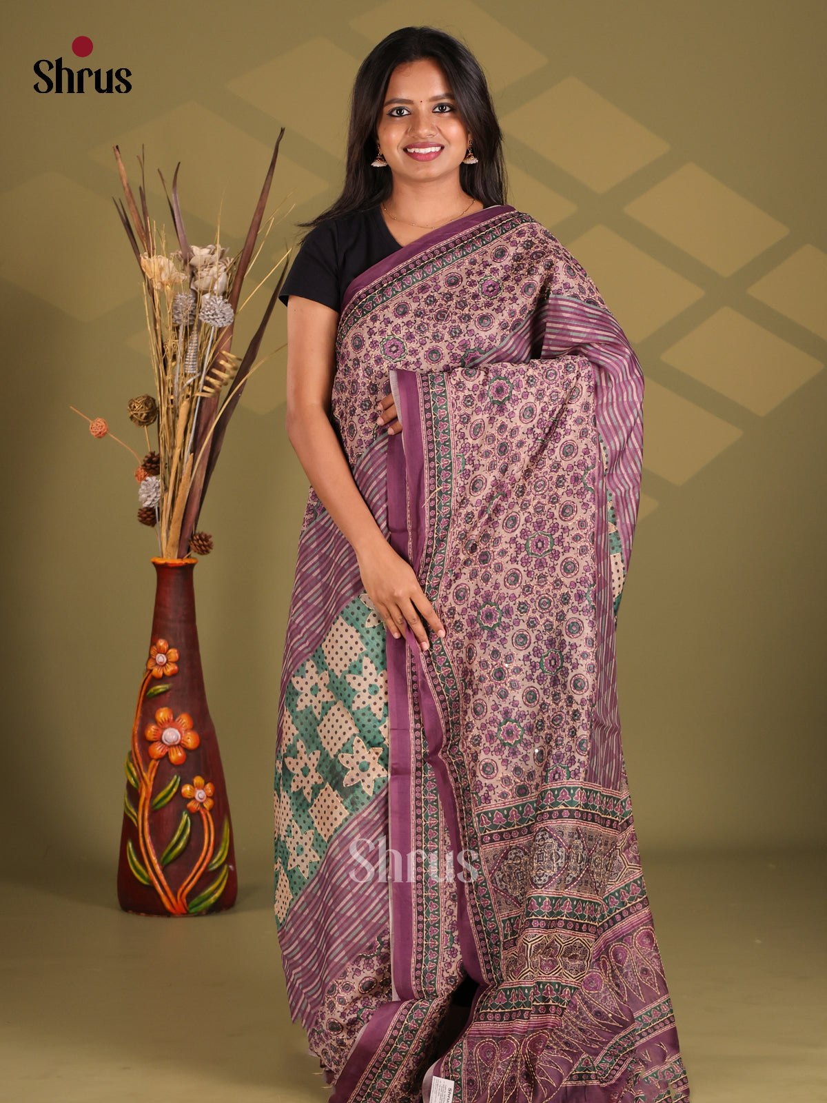 Purple & Green - Semi Kantha Saree