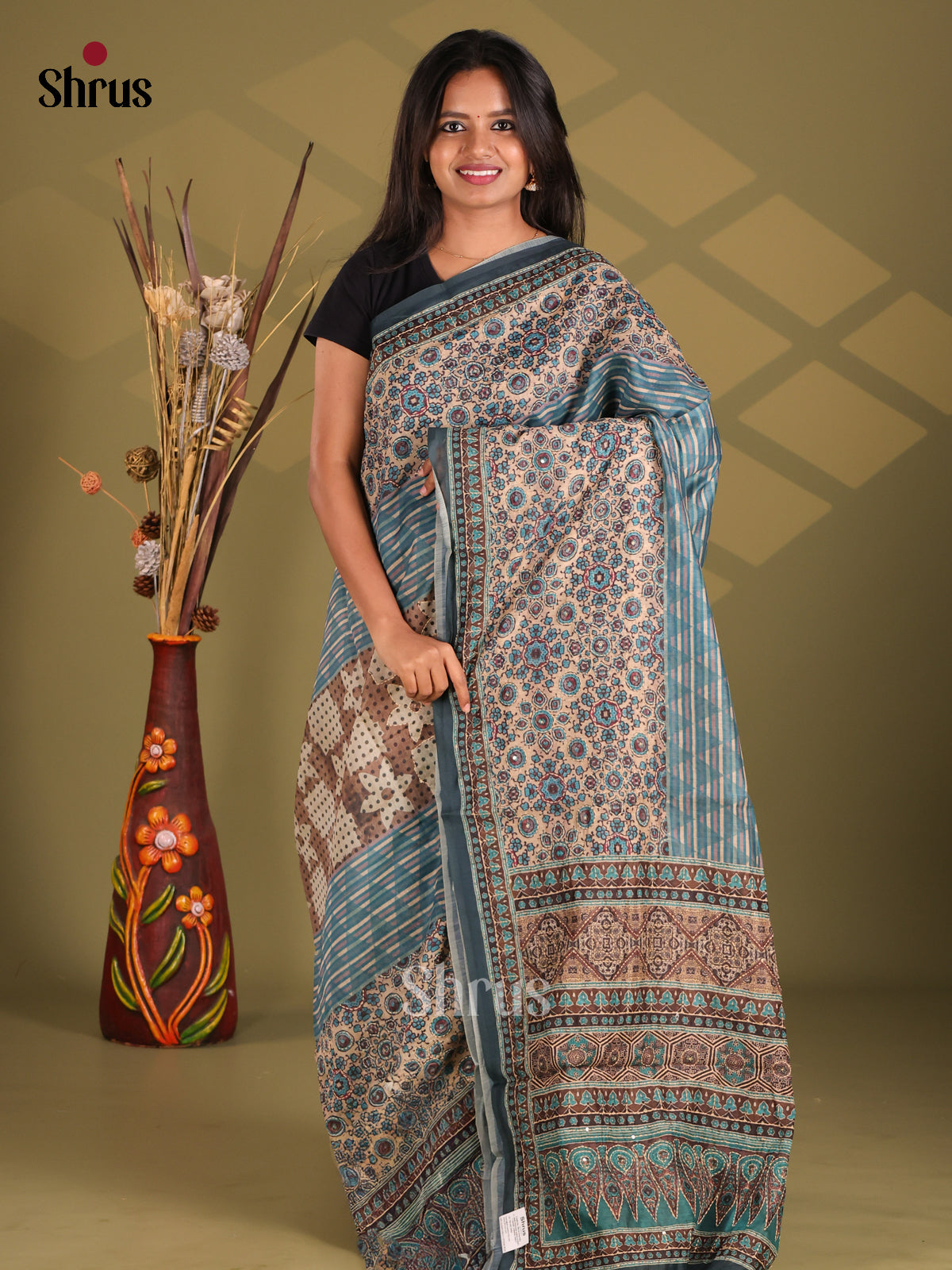 Blue & Brown - Semi Kantha Saree