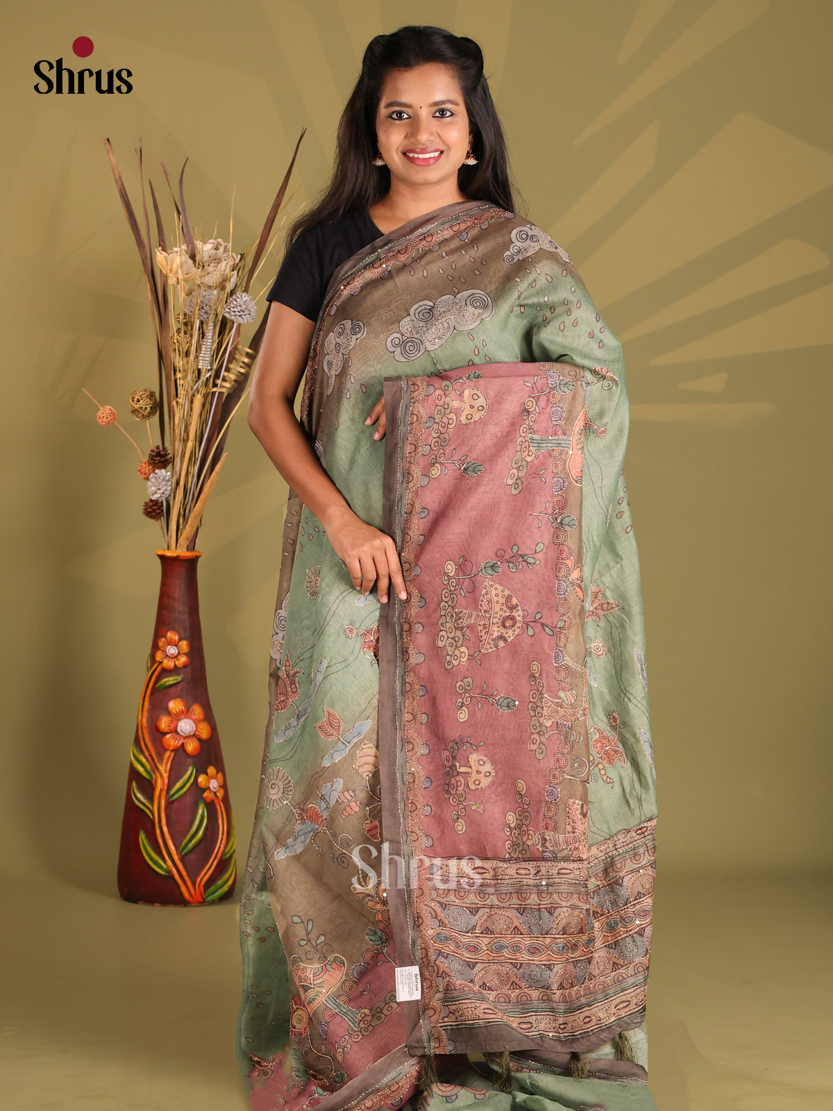 Green & Brown - Semi Kantha Saree