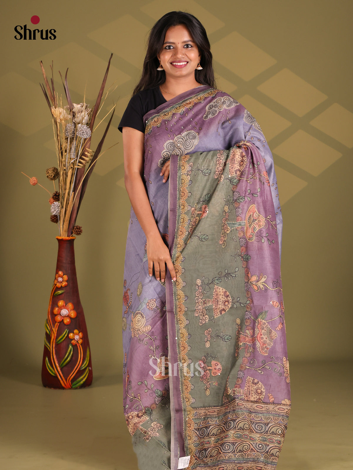 Purple & Grey - Semi Kantha Saree