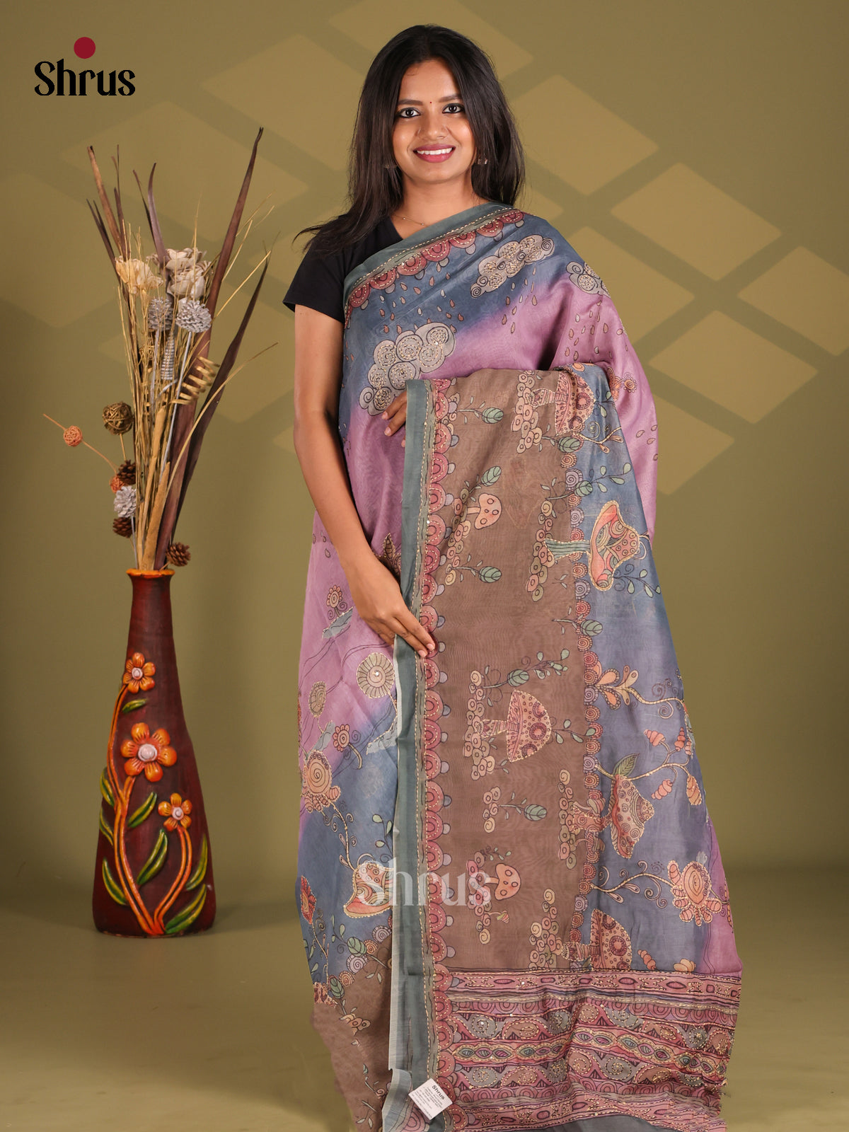 Purple & Brown- Semi Kantha Saree
